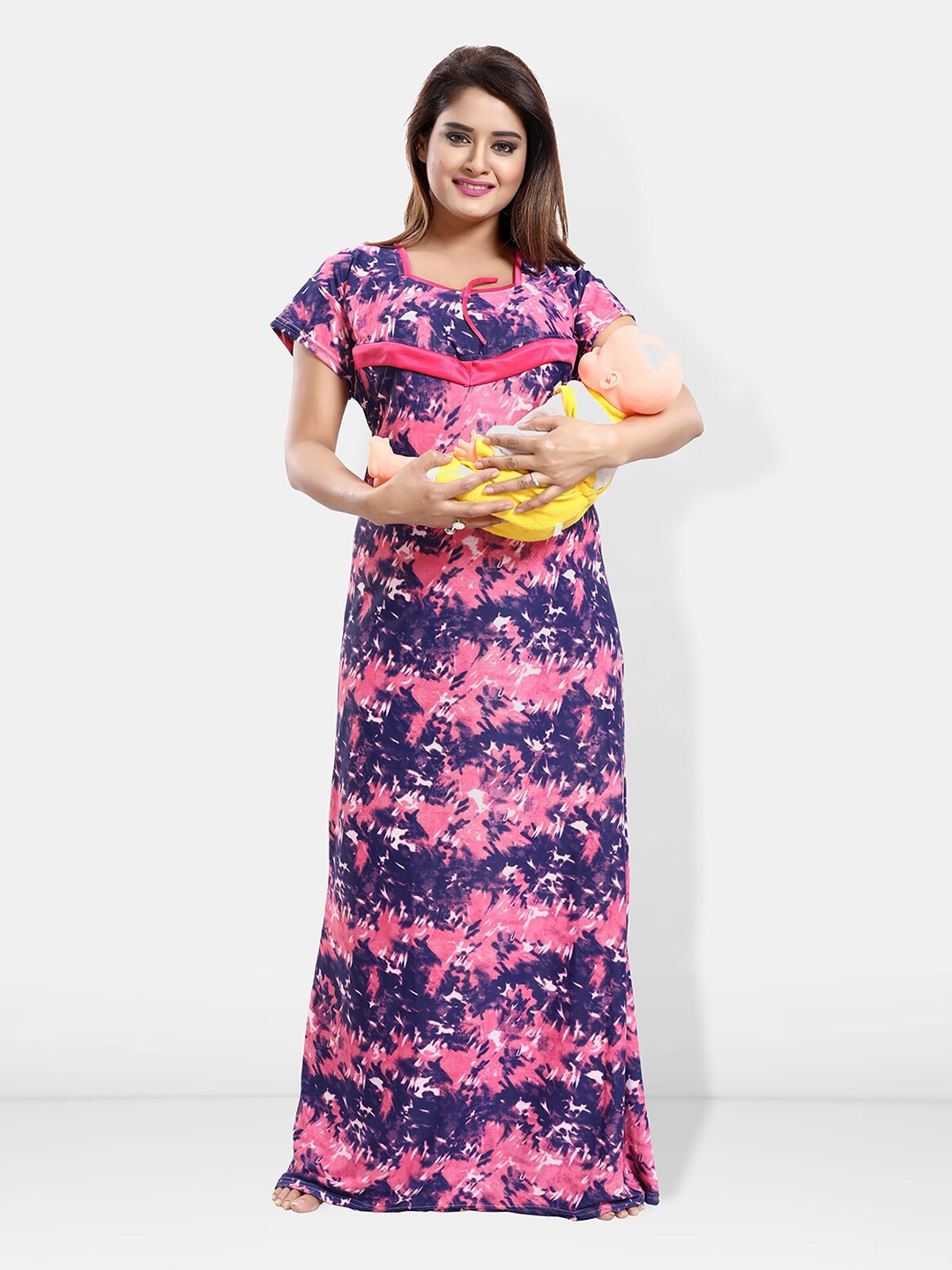 

Be You Abstract Printed Satin Maternity Maxi Sweat Nightdress, Pink