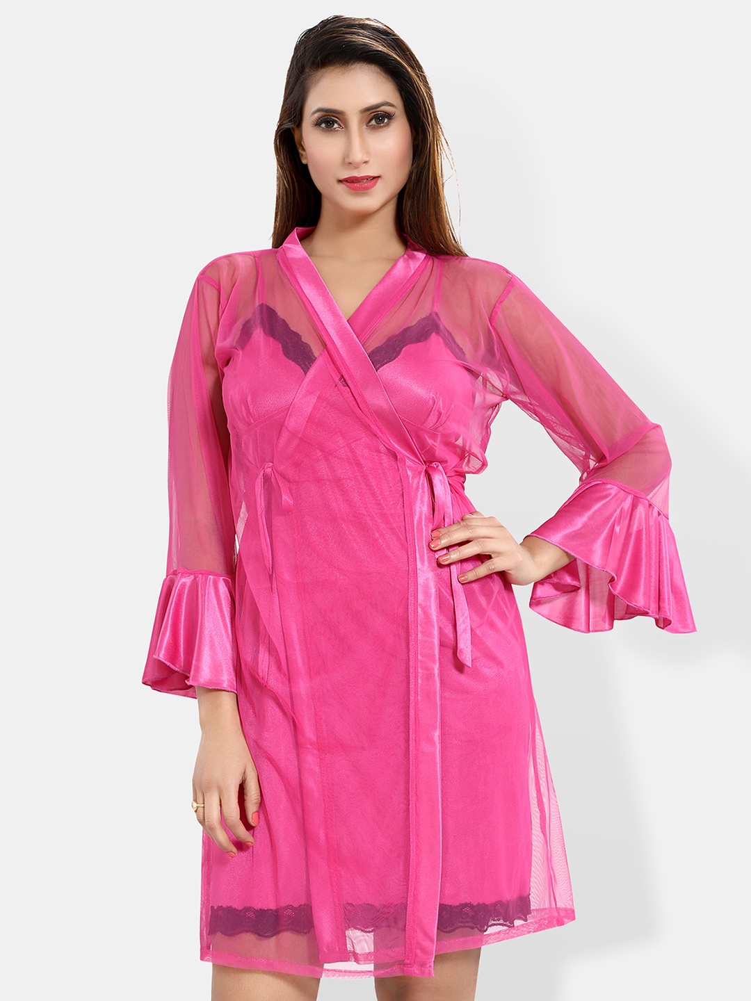 

Be You Sleeveless Net Nightdress With Robe, Pink