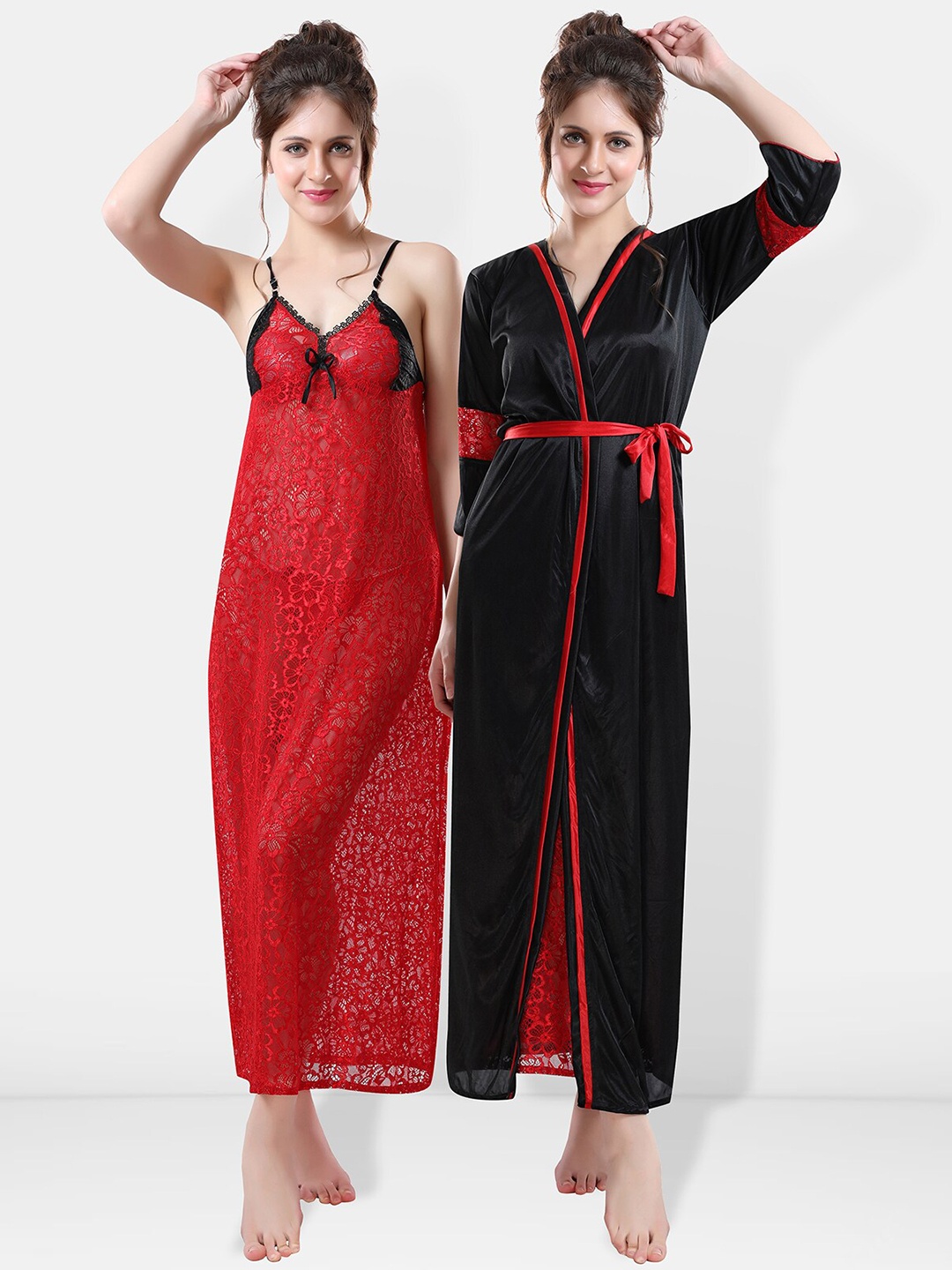 

Be You Self Designed Shoulder Straps Satin Maxi Nightdress With Robe, Black