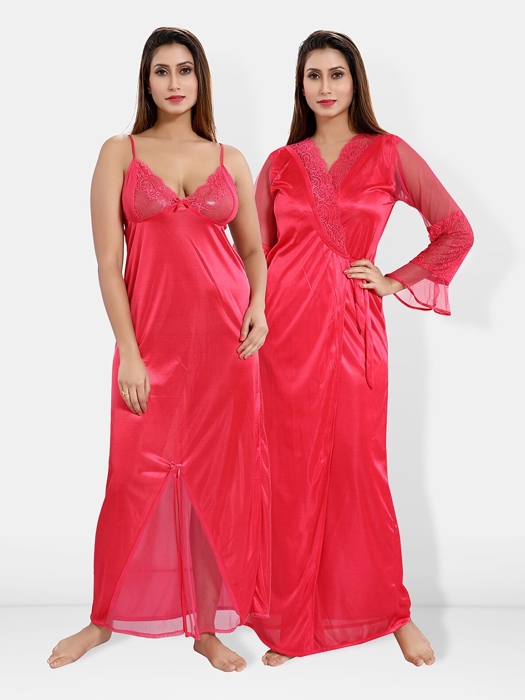

Be You Shoulder Straps Satin Maxi Nightdress With Robe, Coral