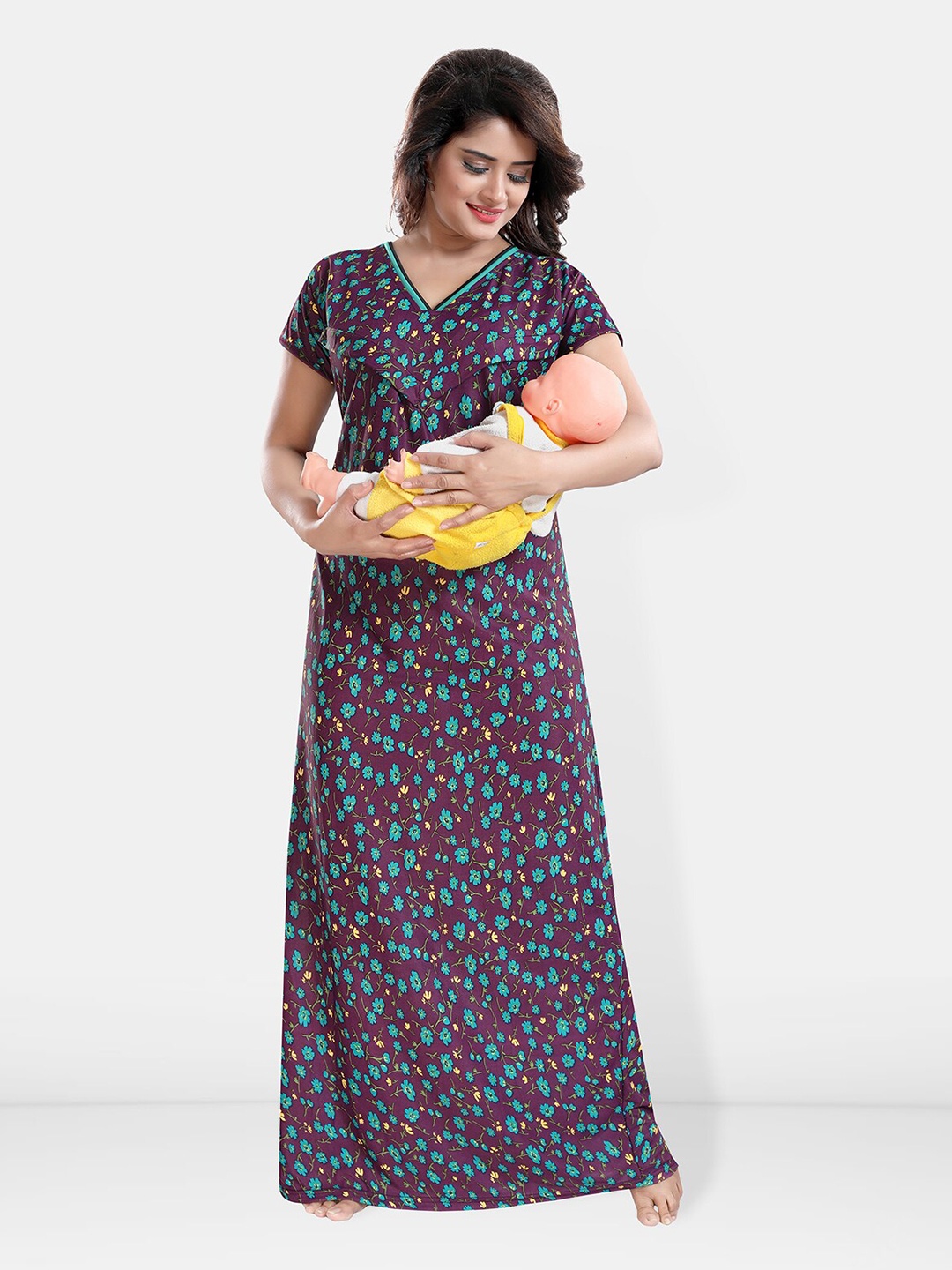 

Be You Printed Satin V-Neck Maternity Maxi Nightdress, Purple