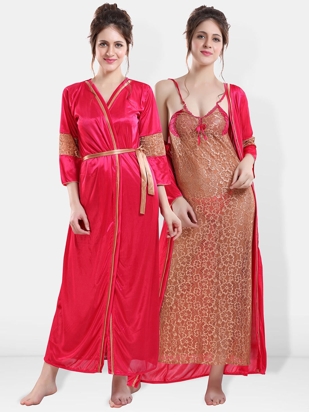 

Be You Self Designed Shoulder Straps Satin Maxi Nightdress With Robe, Pink