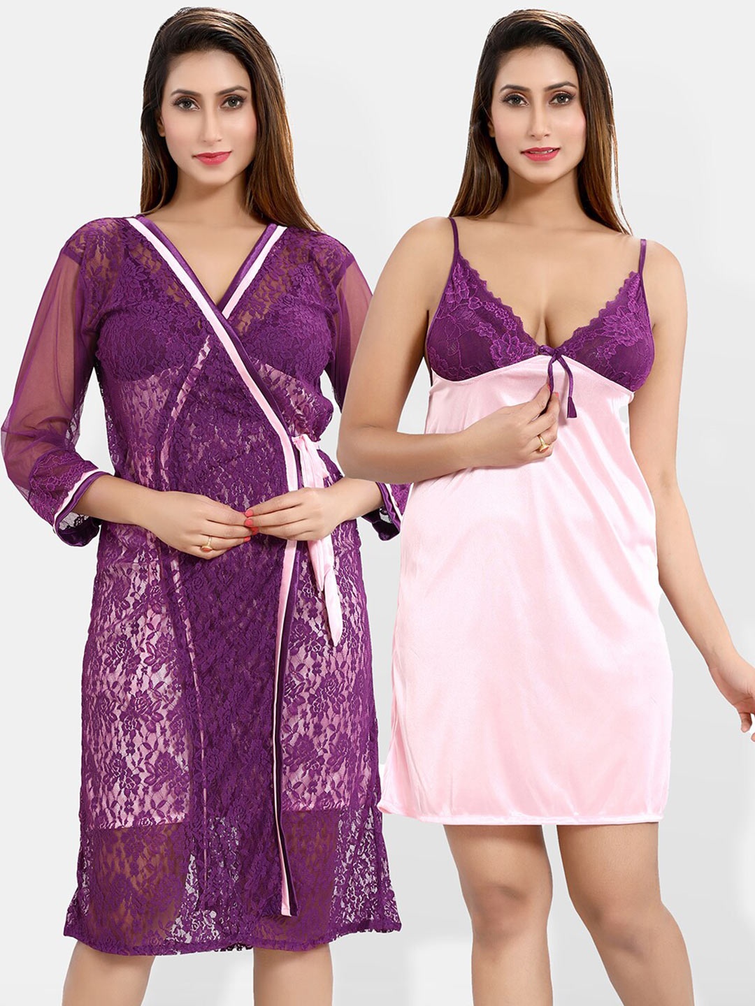 

Be You Self Design Satin Nightdress With Robe, Purple