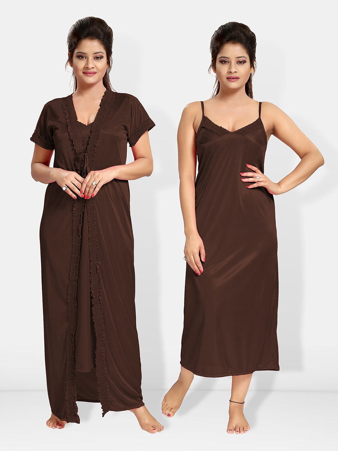 

Be You V-Neck Satin Maxi Nightdress With Robe, Brown