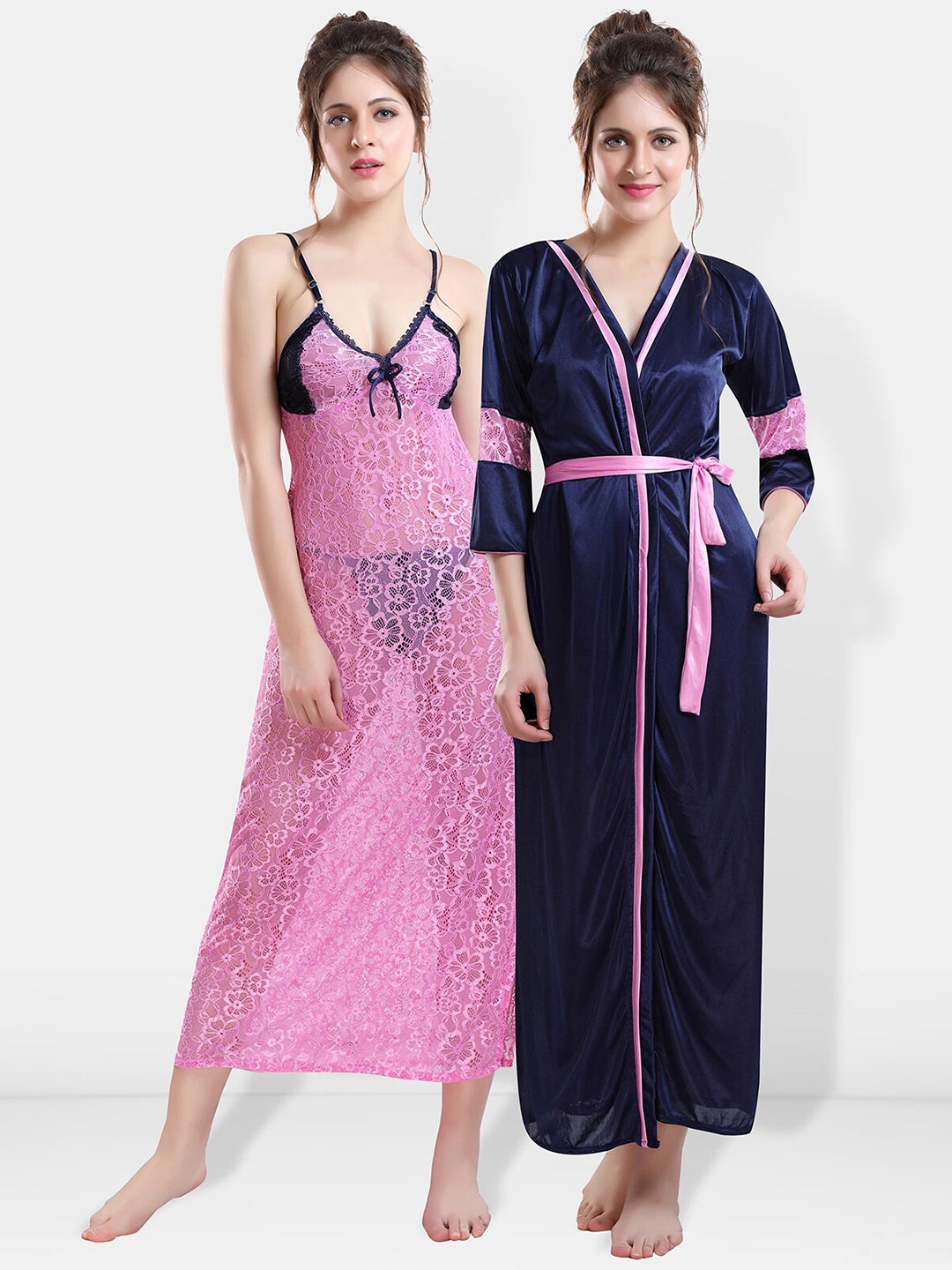 

Be You Shoulder Straos Lace Detail Maxi Nightdress With Robe, Navy blue