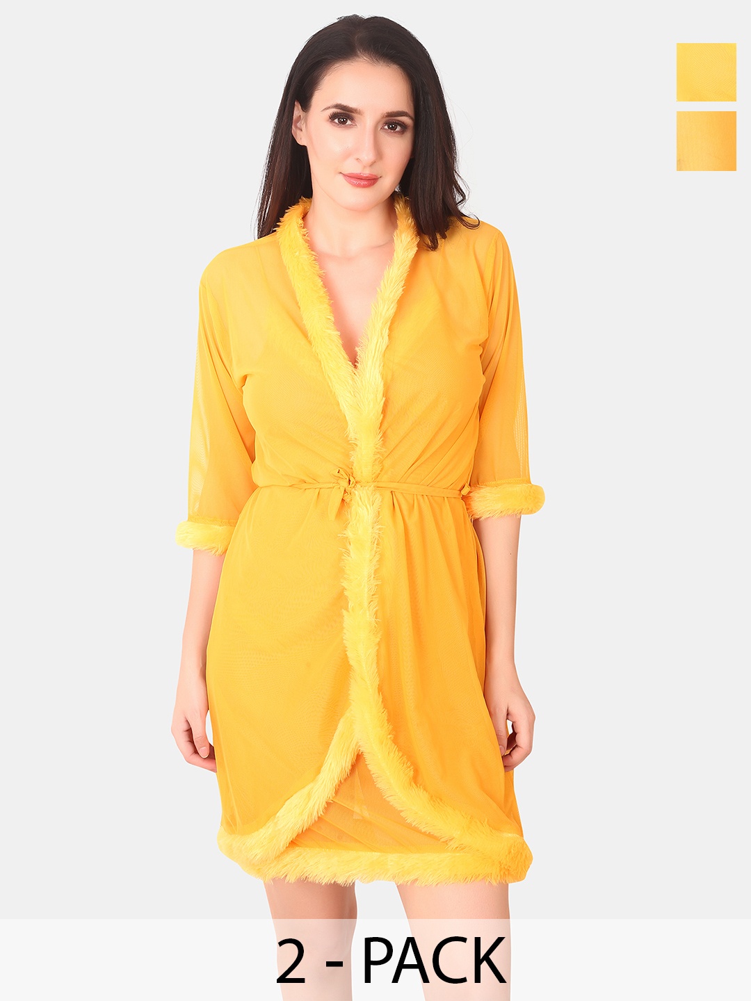 

Be You Sleeveless Net Nightdress With Robe, Mustard