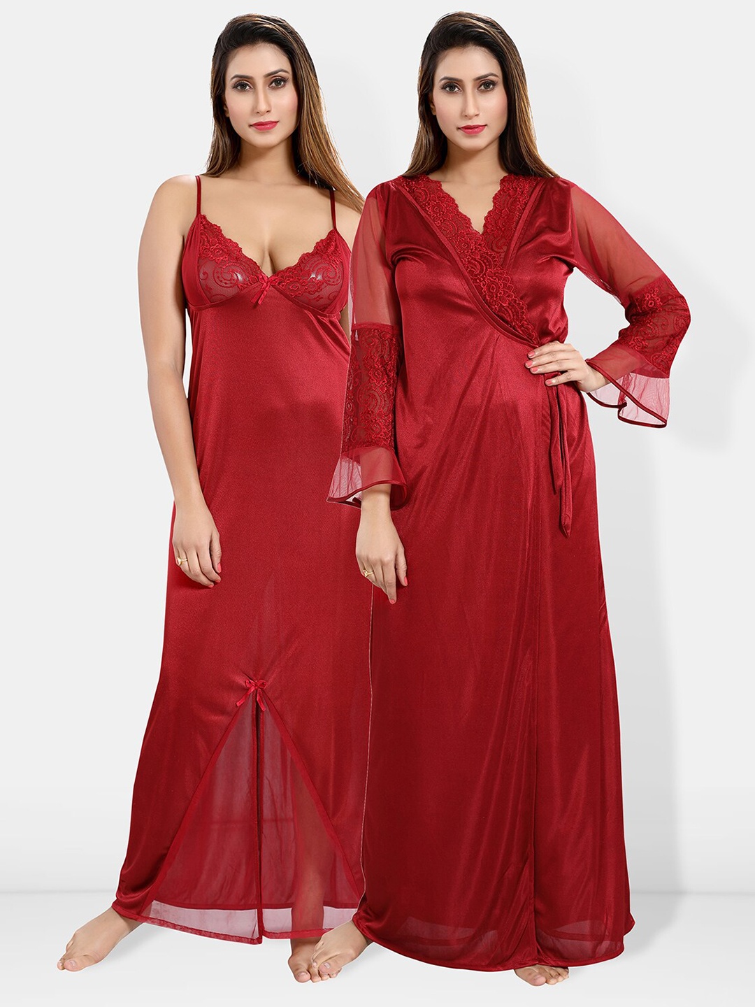 

Be You Shoulder Straps Satin Maxi Nightdress With Robe, Maroon