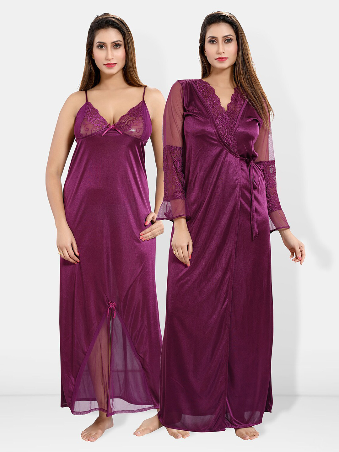 

Be You Shoulder Straps Satin Maxi Nightdress With Robe, Burgundy