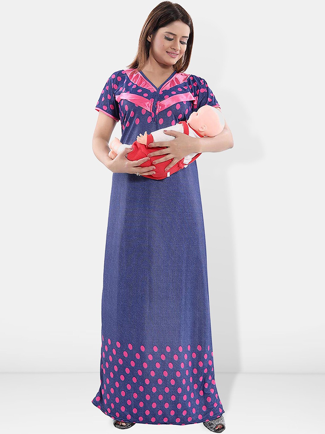

Be You Polka Dots Printed V-Neck Satin Maternity Maxi Nightdress, Blue