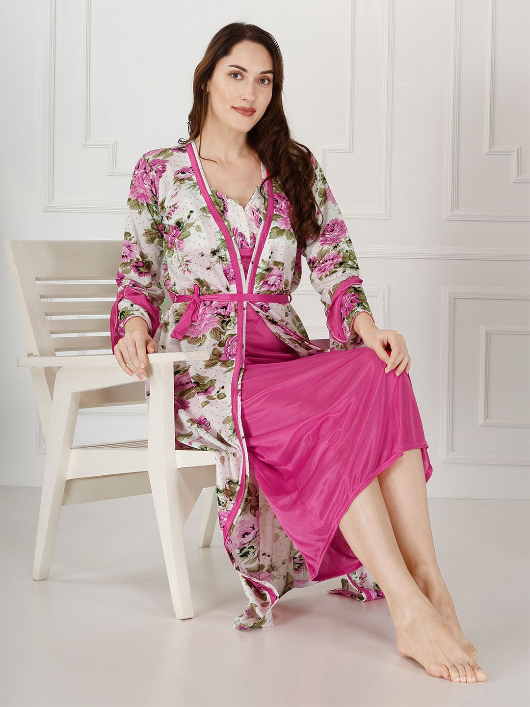 

Be You Floral Printed Shoulder Straps Satin Maxi Nightdress With Robe, Pink