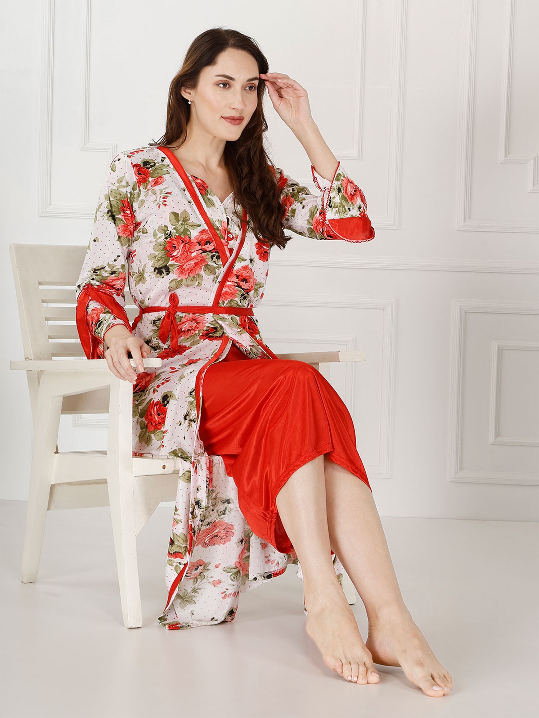 

Be You Floral Printed Shoulder Straps Satin Maxi Nightdress With Robe, Red