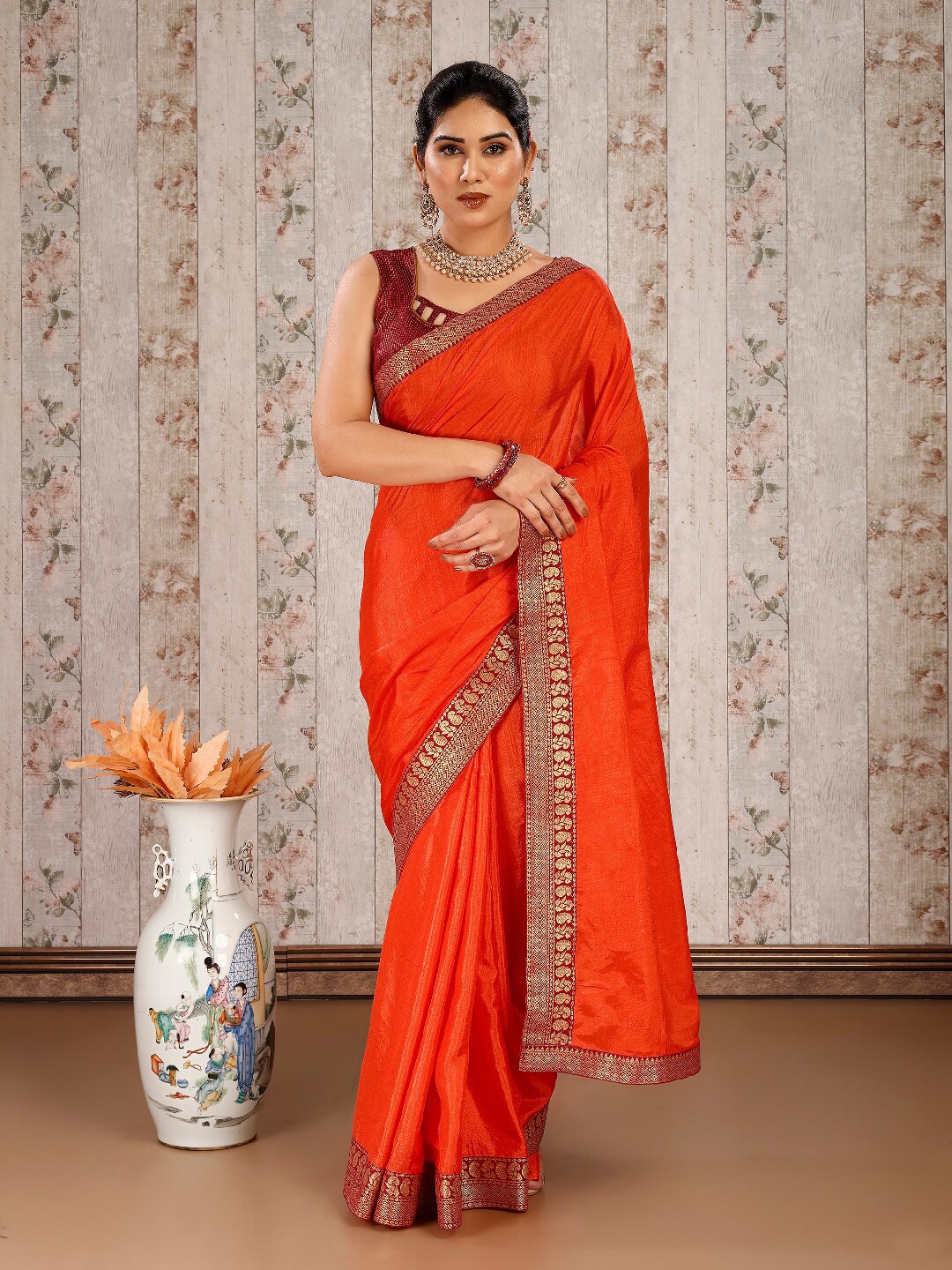 

KALINI Zari Pure Chiffon Saree, Orange