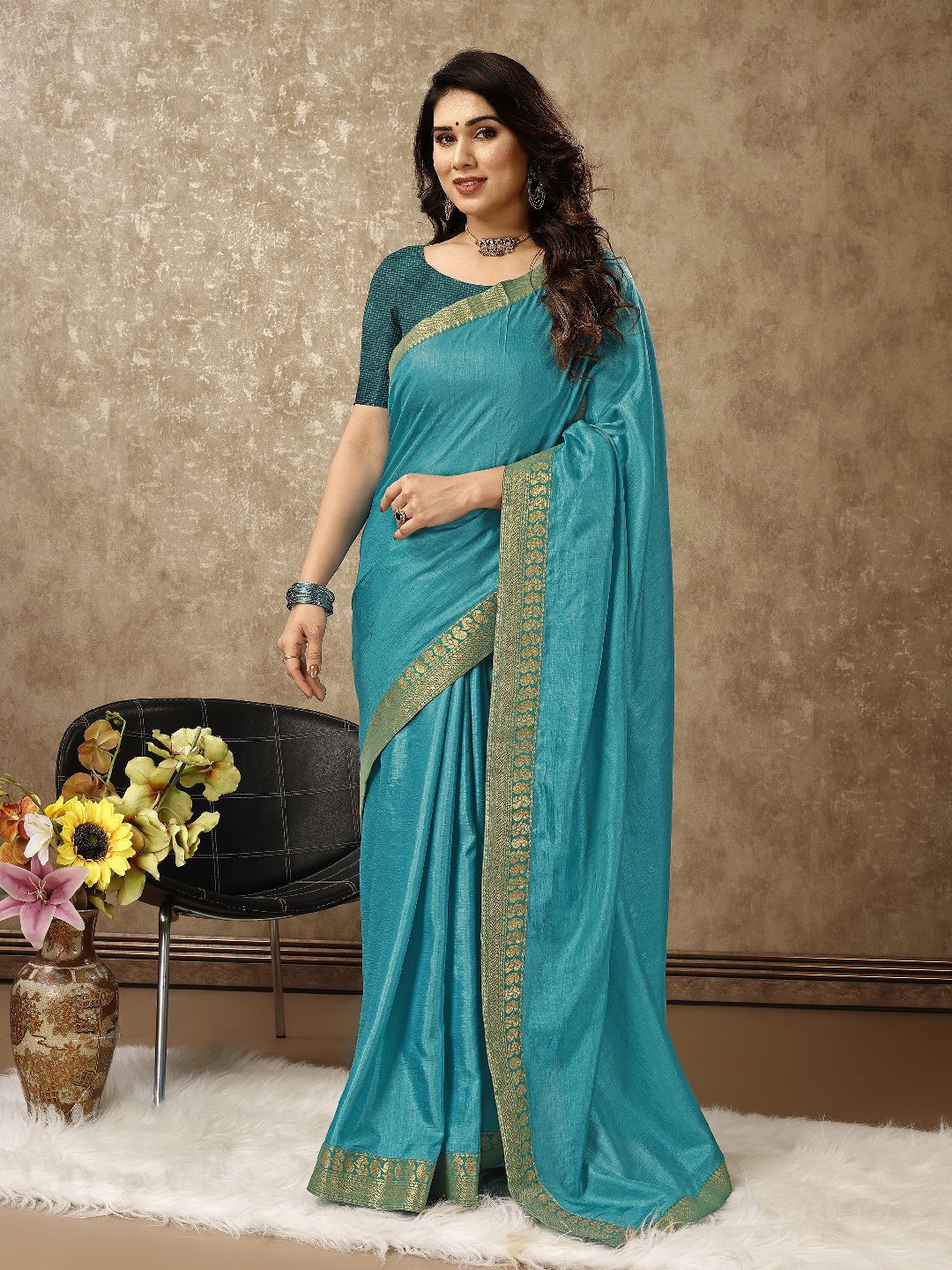 

KALINI Jacquard Zari Pure Chiffon Saree, Teal