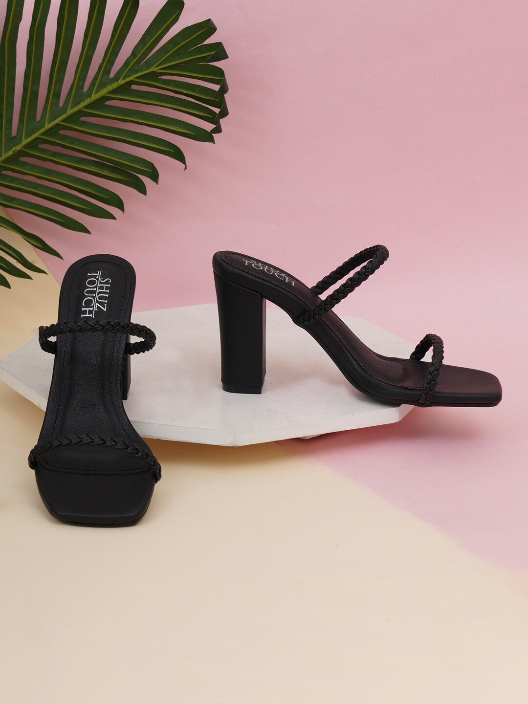 

SHUZ TOUCH Textured Open Toe Block Heels, Black