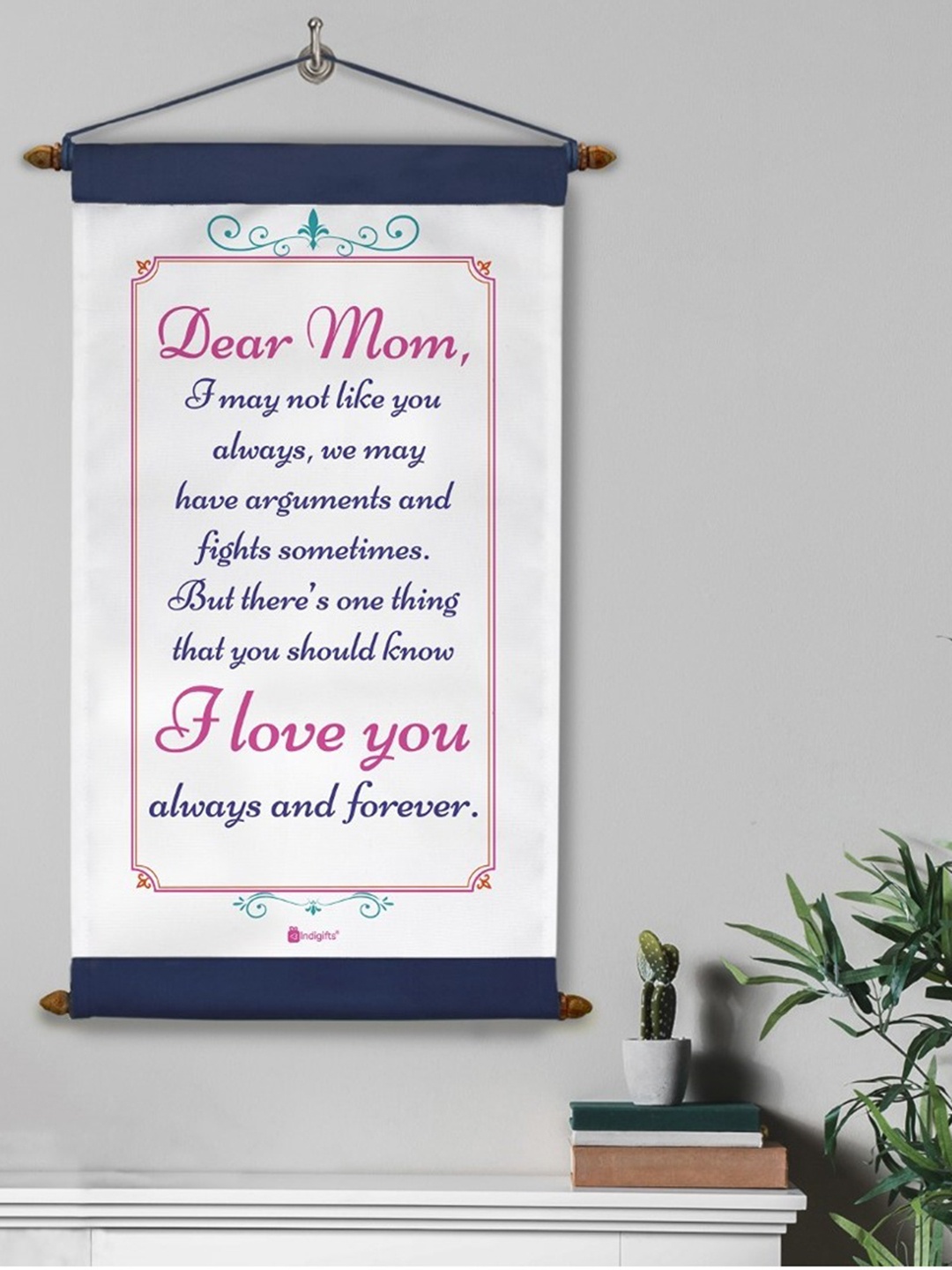

Indigifts White & Blue Mom Printed Message Love Scroll Card Wall Decor