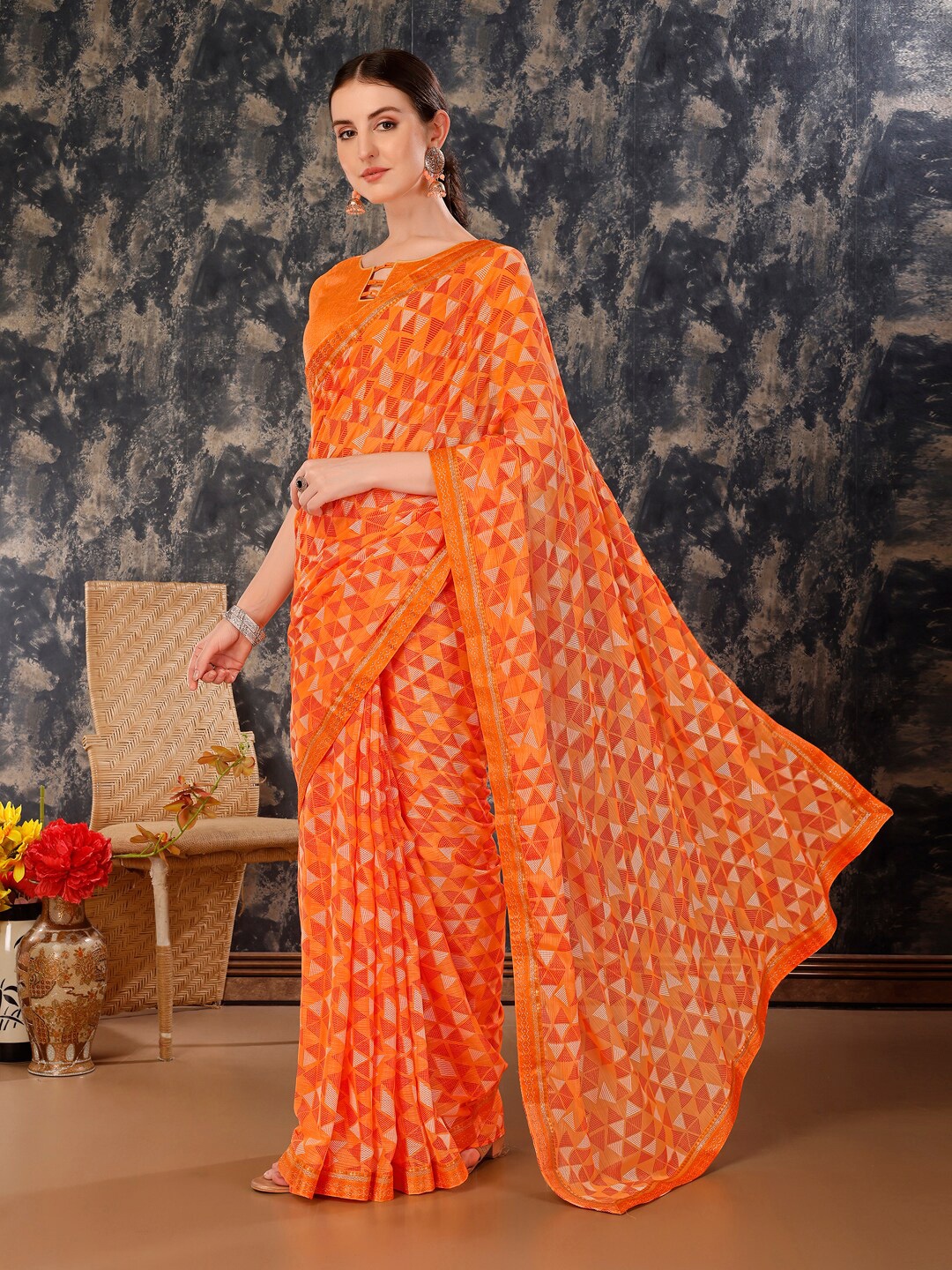 

KALINI Geometric Printed Pure Chiffon Jacquard Saree, Orange