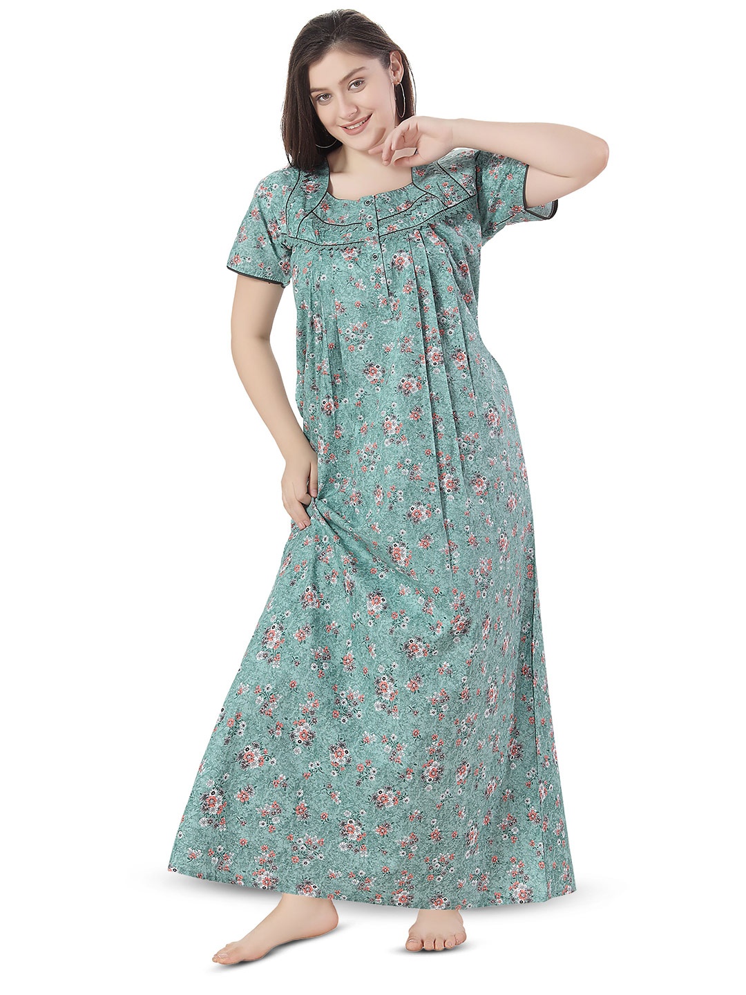 

Soulemo Floral Printed Pure Cotton Maxi Nightdress, Green