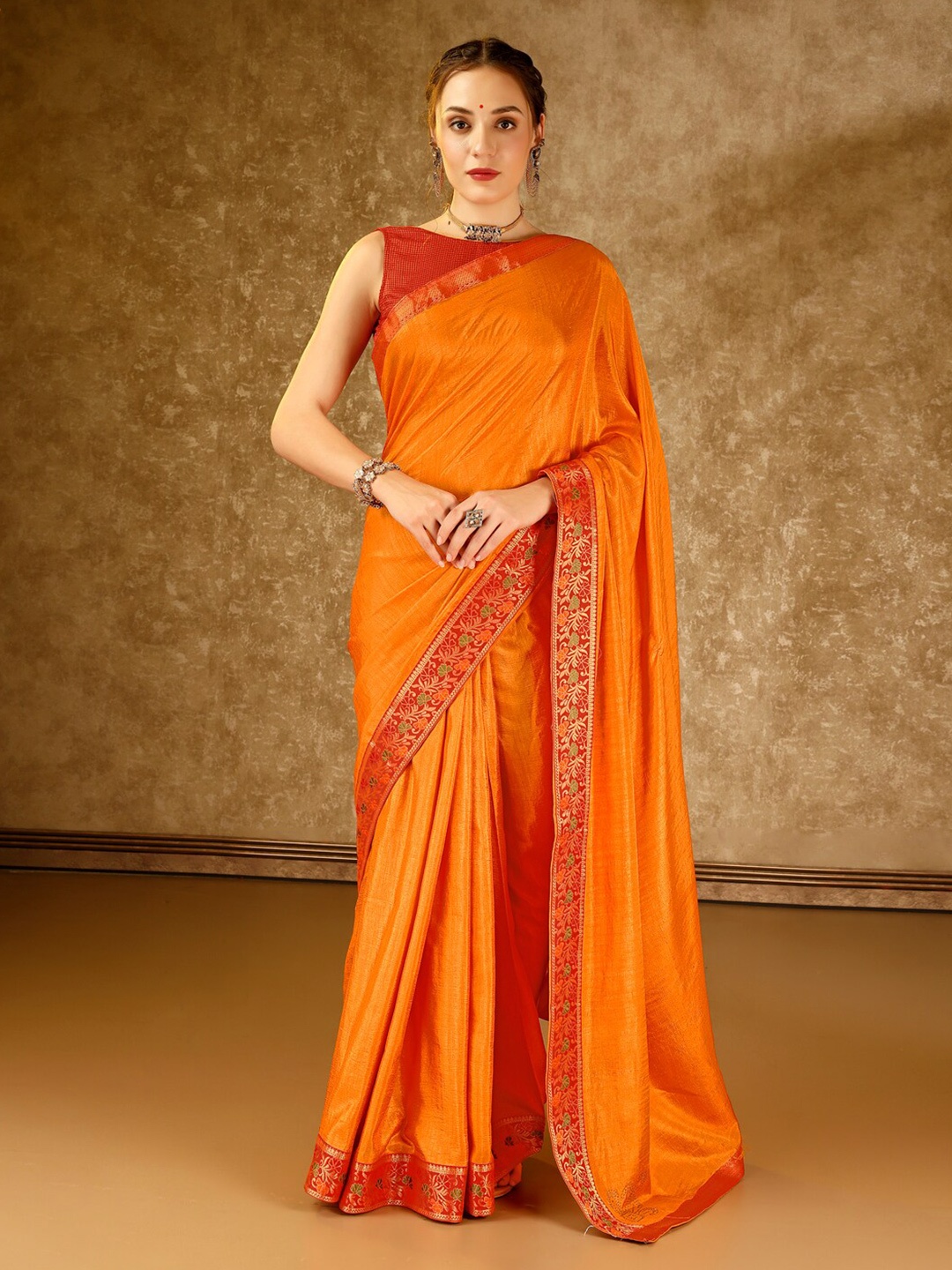 

KALINI Butta Jacquard Zari Pure Chiffon Saree, Orange