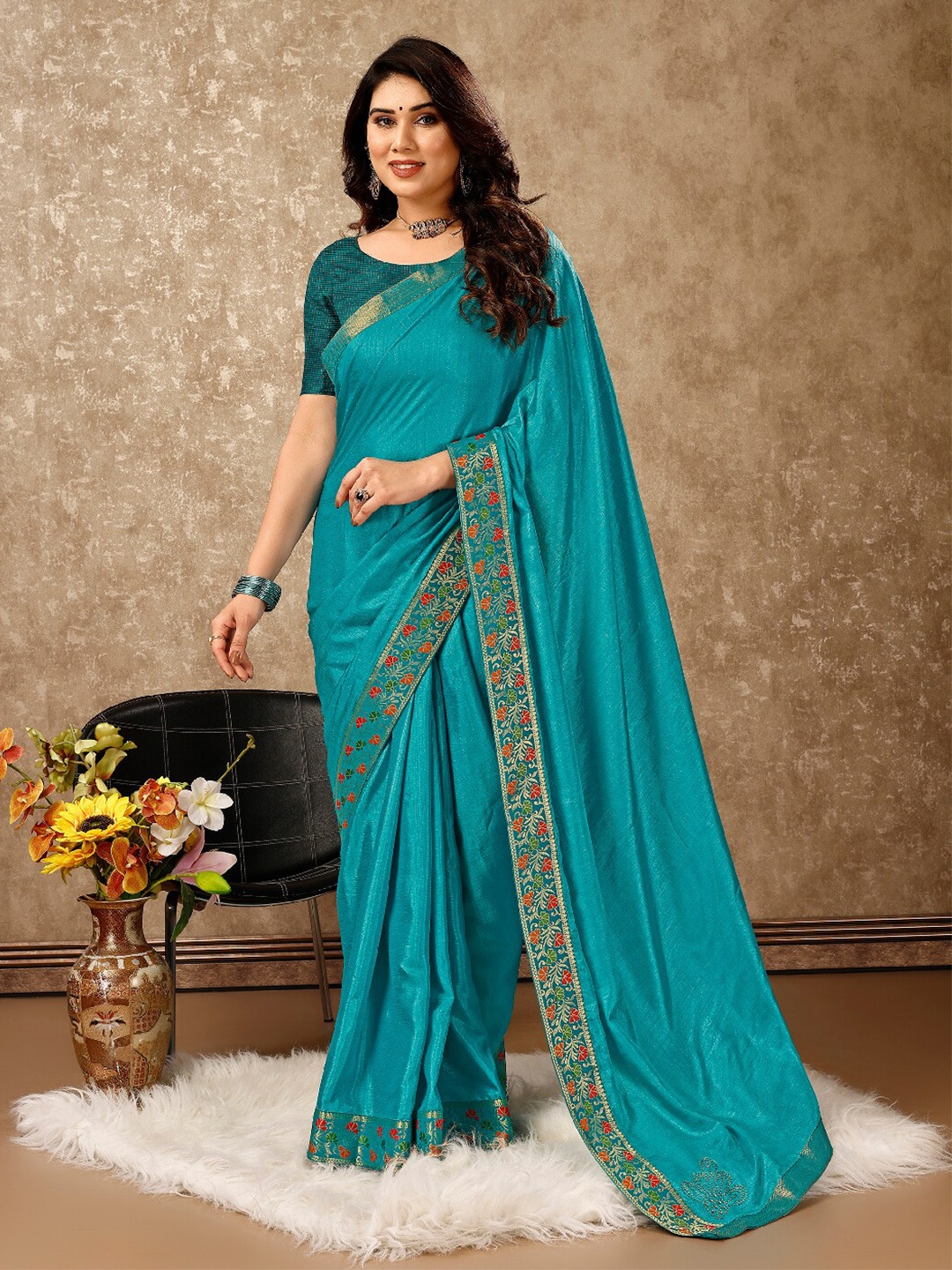 

KALINI Pure Chiffon Saree, Turquoise blue