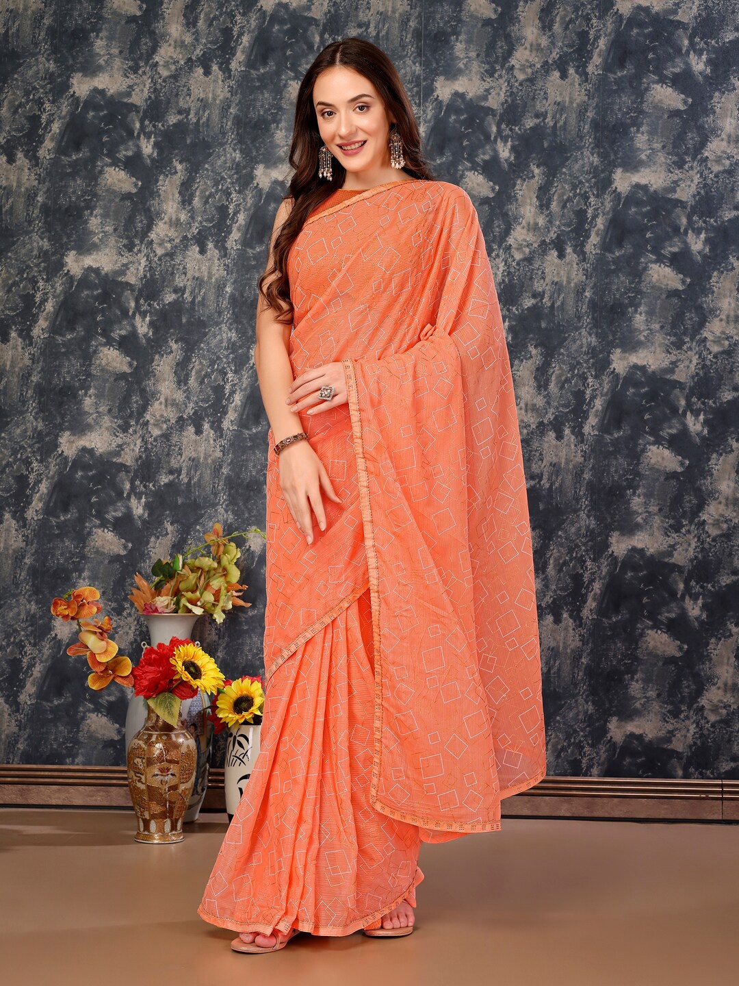 

HERE&NOW Geometric Printed Pure Chiffon Saree, Orange