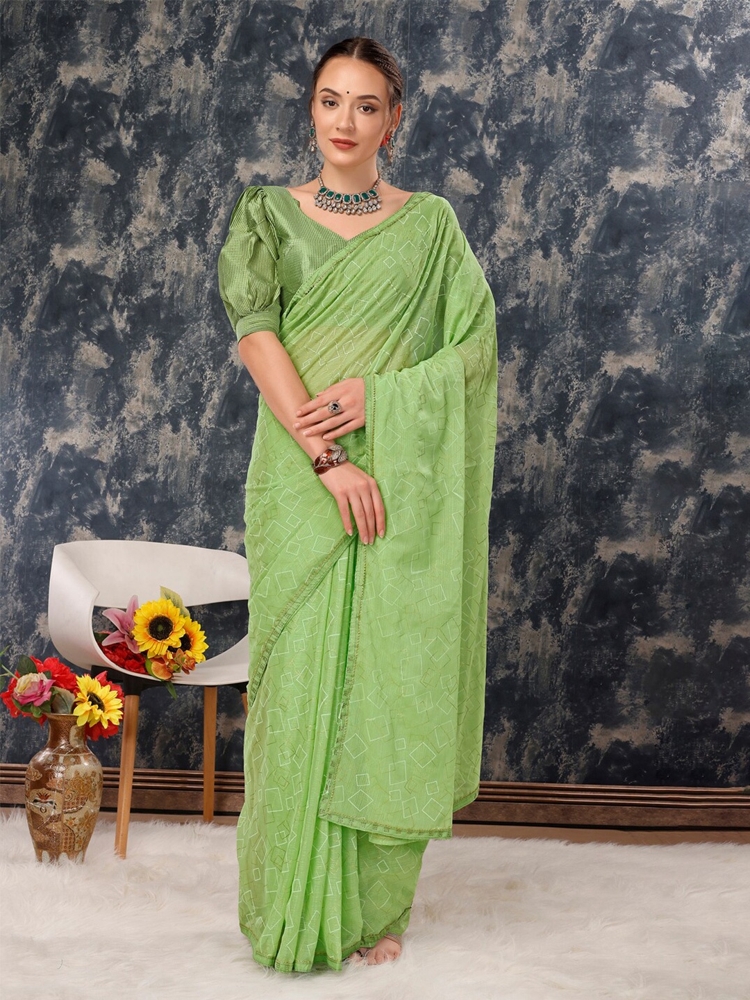 

HERE&NOW Geometric Printed Pure Chiffon Saree, Green