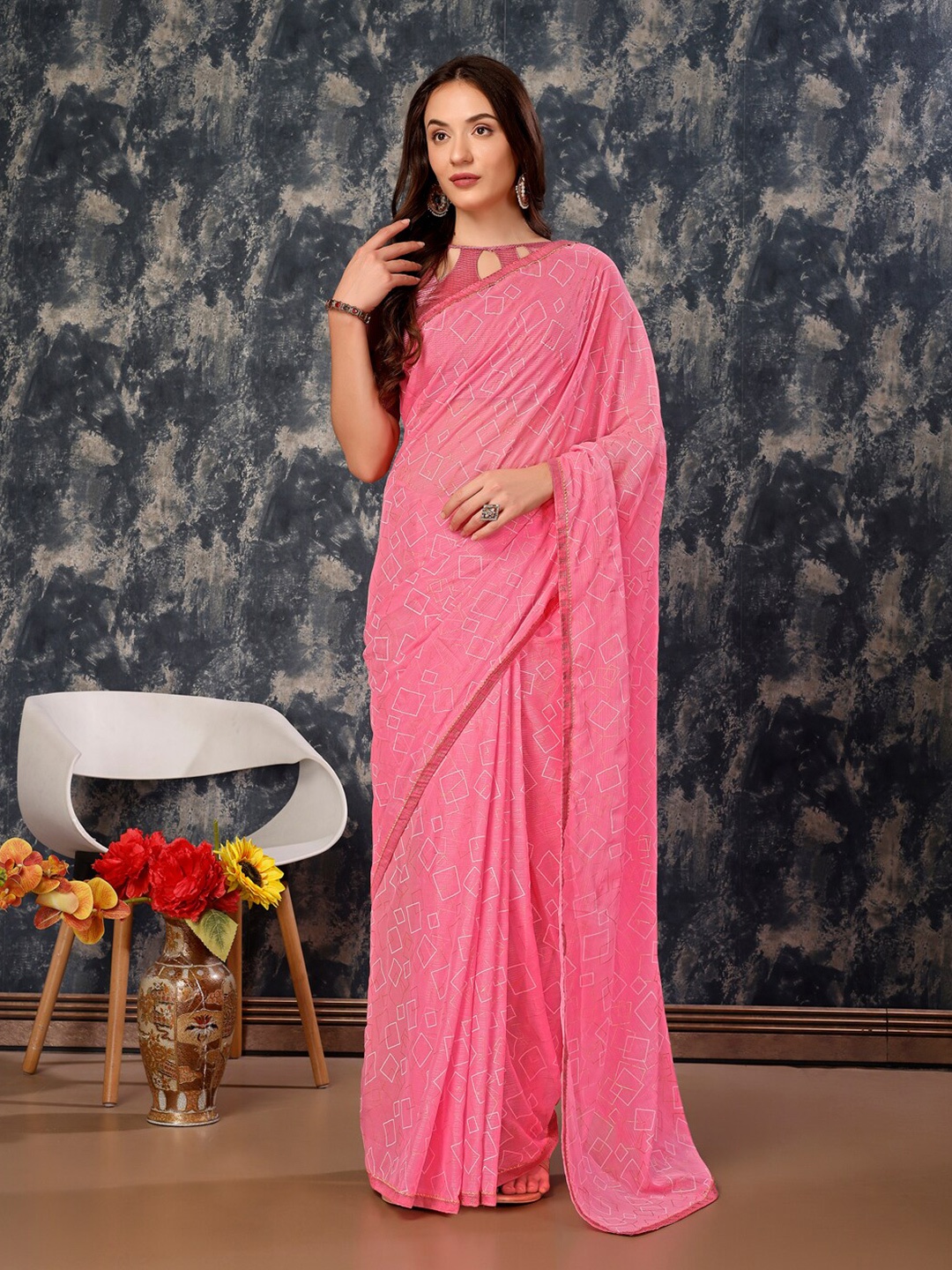 

HERE&NOW Geometric Printed Pure Chiffon Saree, Pink