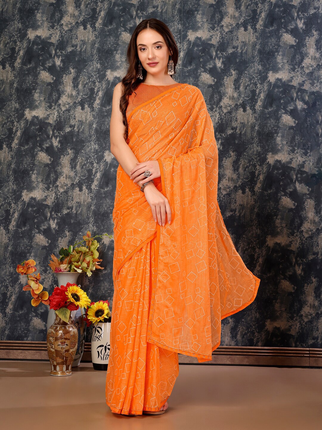 

HERE&NOW Geometric Printed Pure Chiffon Saree, Peach