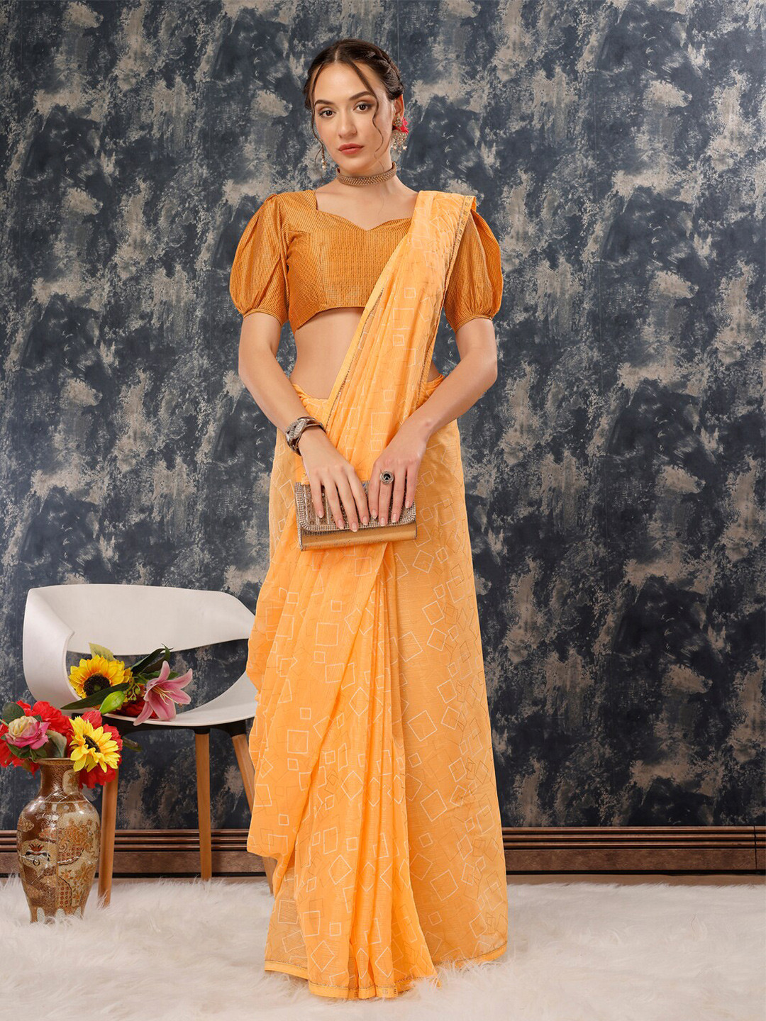 

HERE&NOW Geometric Printed Pure Chiffon Saree, Yellow