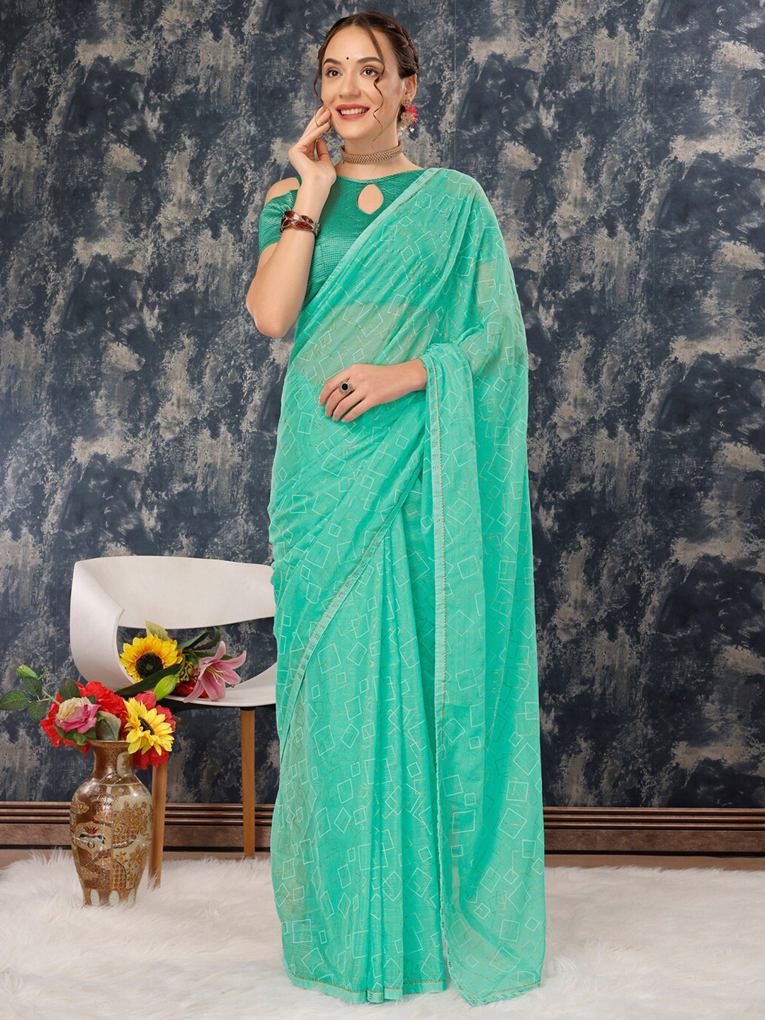 

HERE&NOW Printed Pure Chiffon Saree, Turquoise blue