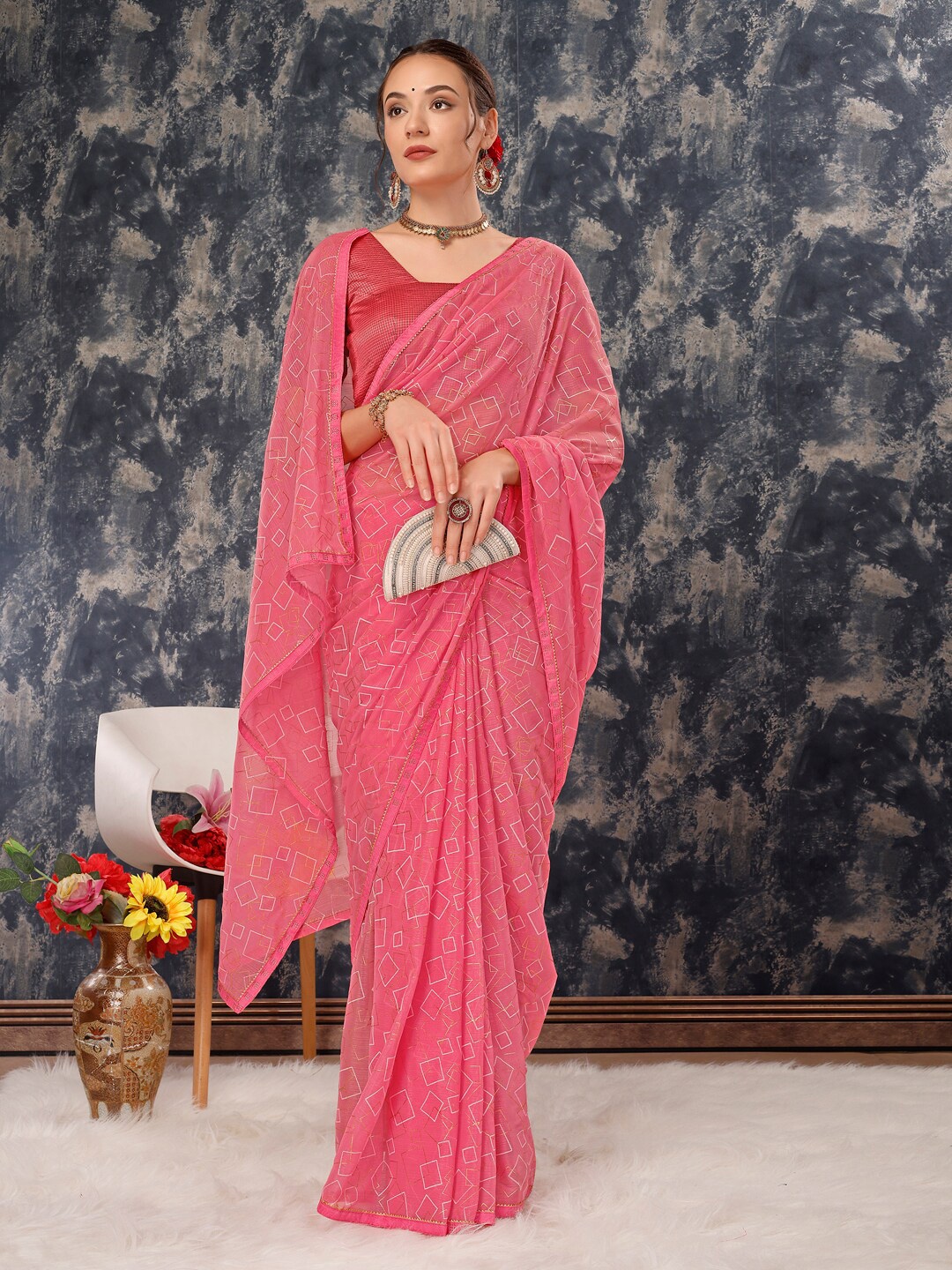 

HERE&NOW Geometric Printed Pure Chiffon Saree, Pink