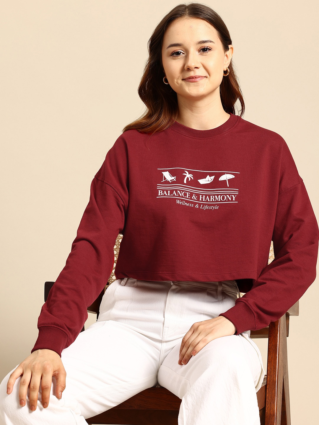 

Mast & Harbour Drop-Shoulder Sleeves Printed Crop Sweatshirt, Maroon