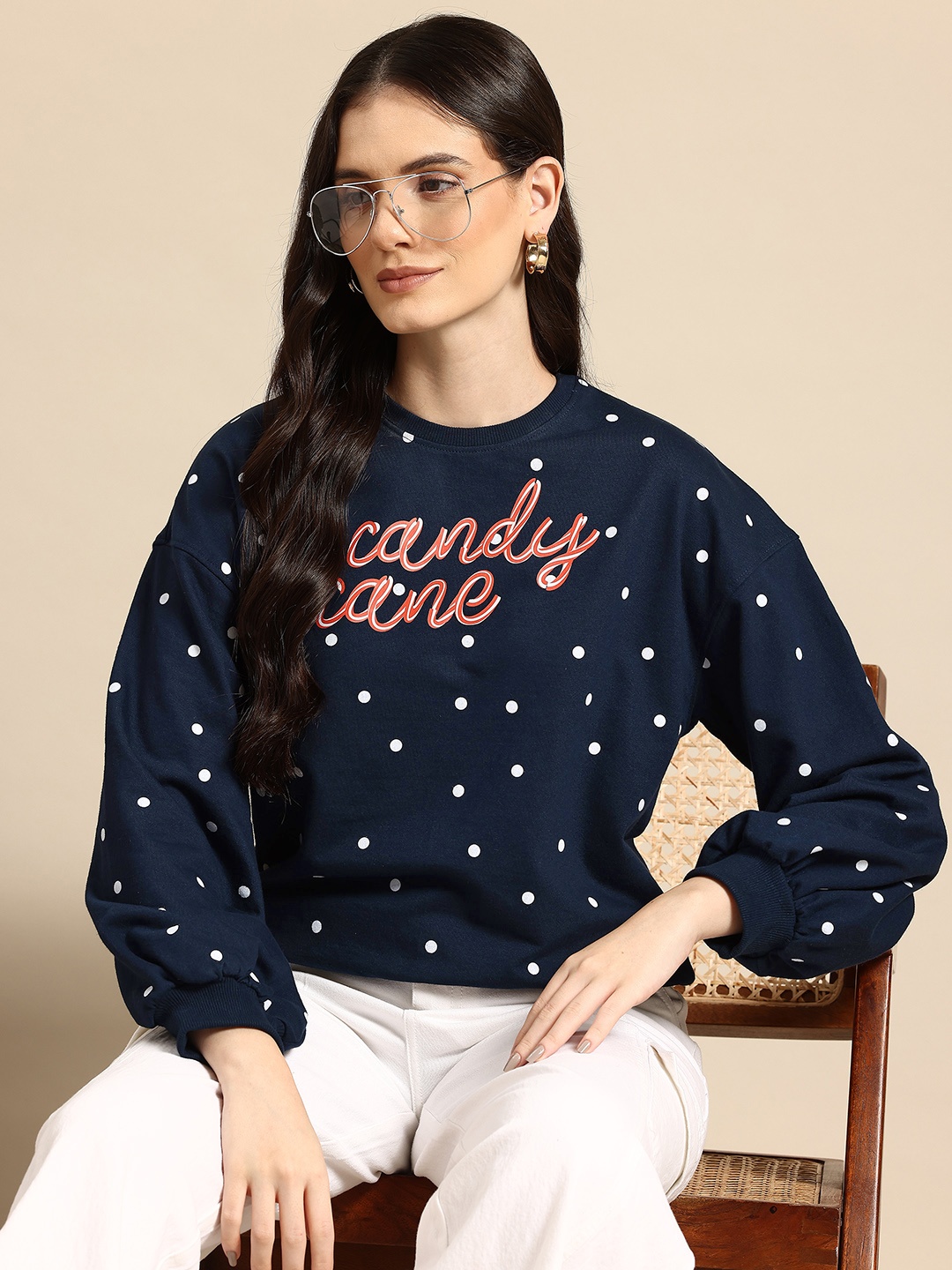 

Mast & Harbour Printed Drop-Shoulder Sleeve Sweatshirt, Navy blue