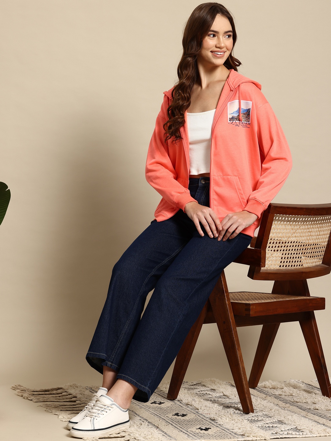 

Mast & Harbour Printed Detail Hooded Sweatshirt, Peach
