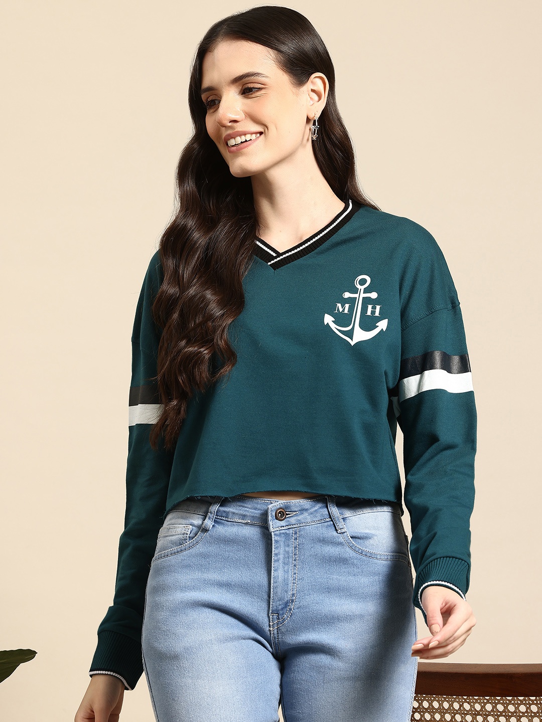 

Mast & Harbour Printed Contrast Neck Sweatshirt, Teal