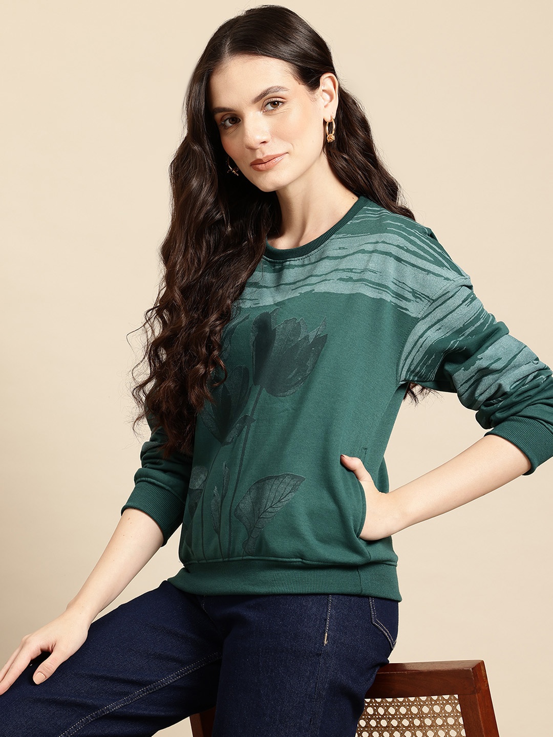 

Mast & Harbour Drop-Shoulder Floarl Printed Sweatshirt, Green