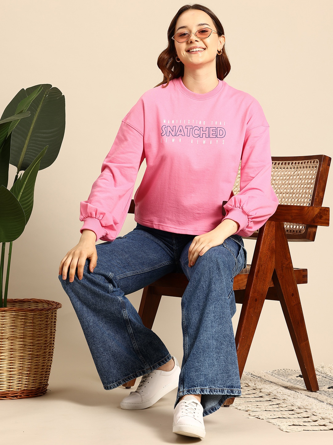 

Mast & Harbour Printed Drop-Shoulder Sleeves Sweatshirt, Pink