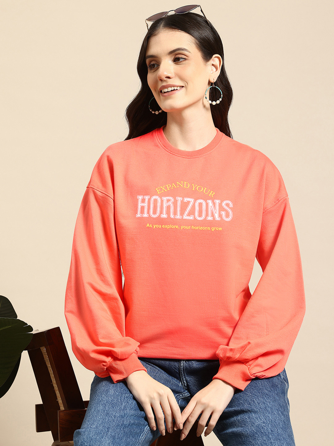 

Mast & Harbour Printed Puff Sleeves Sweatshirt, Coral