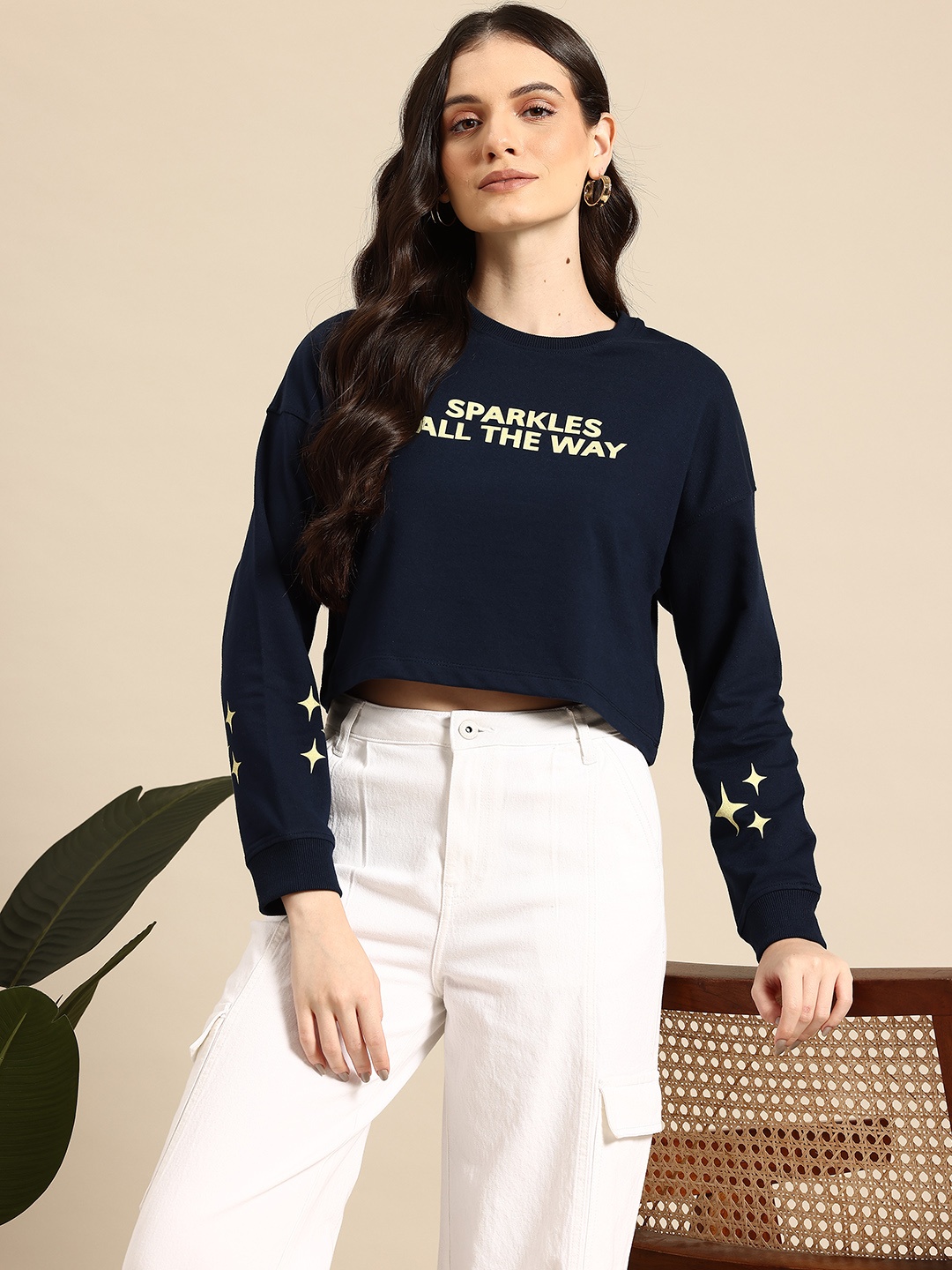 

Mast & Harbour Women Printed Crop Sweatshirt, Navy blue