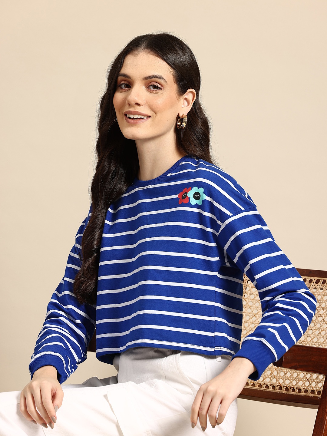 

Mast & Harbour Women Striped Crop Sweatshirt, Blue