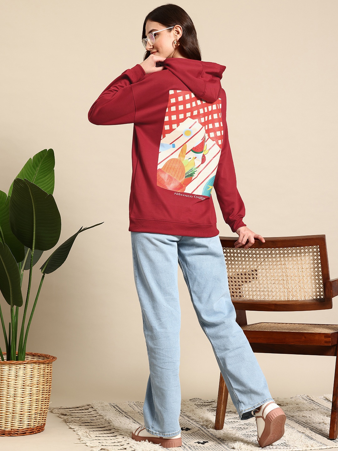 

Mast & Harbour Printed Oversized Hooded Sweatshirt, Maroon