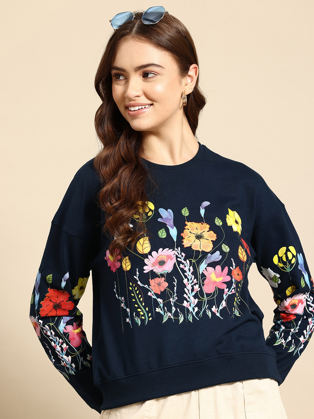 

Mast & Harbour Women Floral Printed Sweatshirt, Navy blue