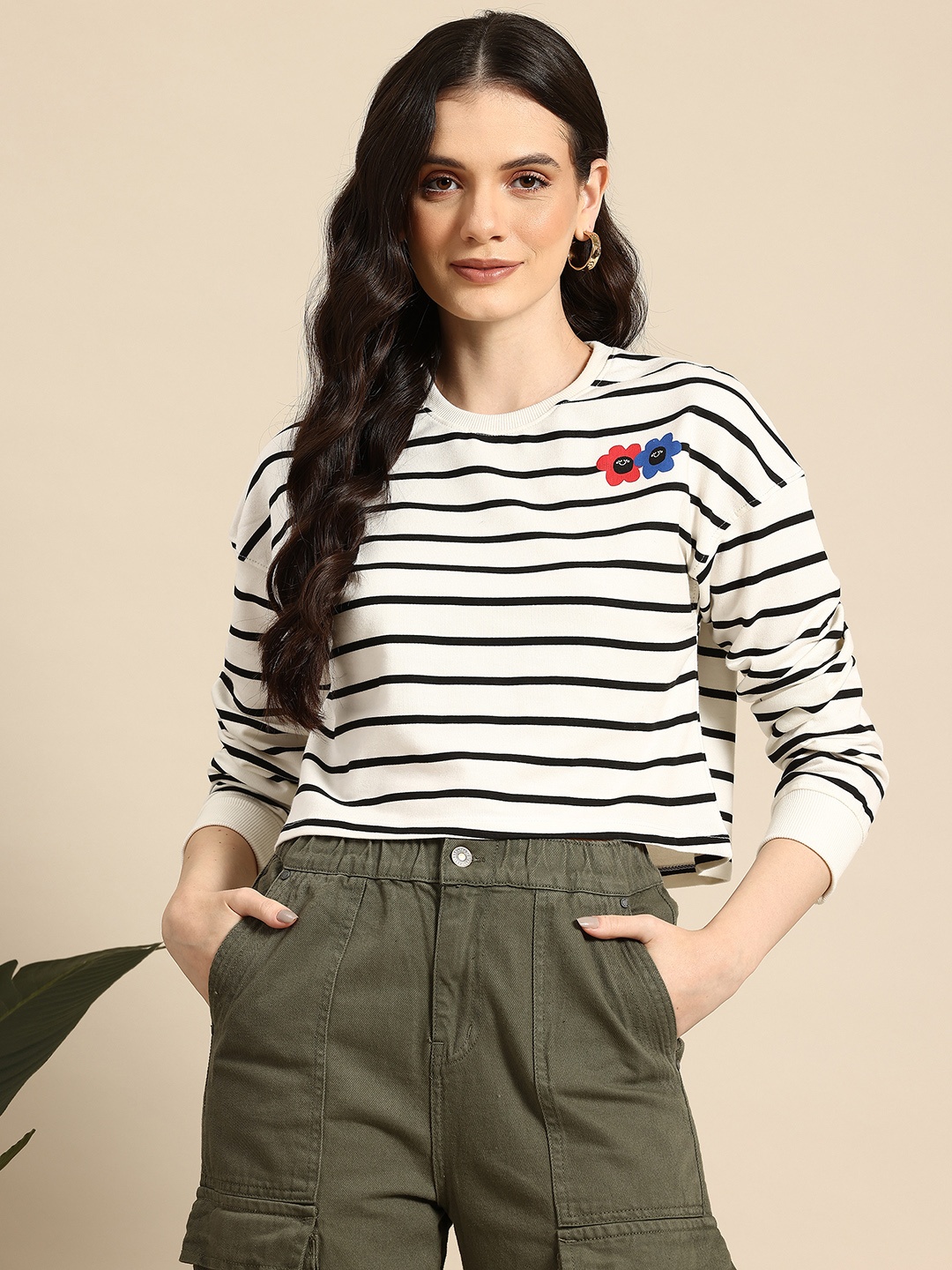

Mast & Harbour Women Pure Cotton Striped Crop Sweatshirt, Off white