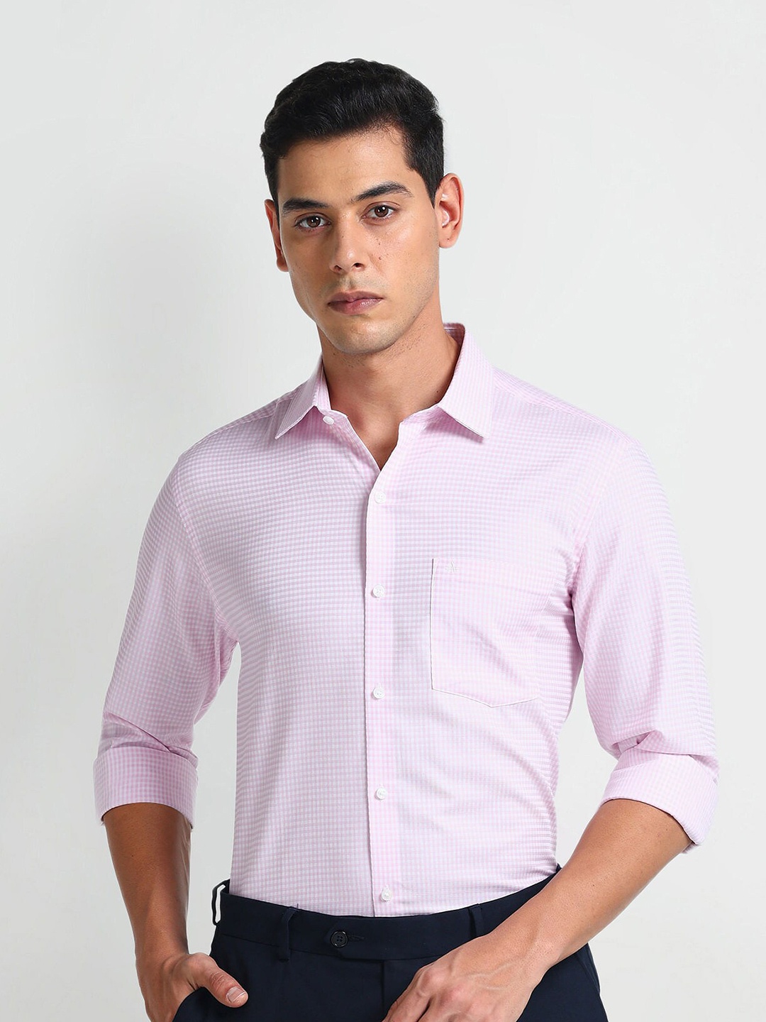 

Arrow Micro Checks Spread Collar Long Sleeves Formal Cotton Shirt, Pink