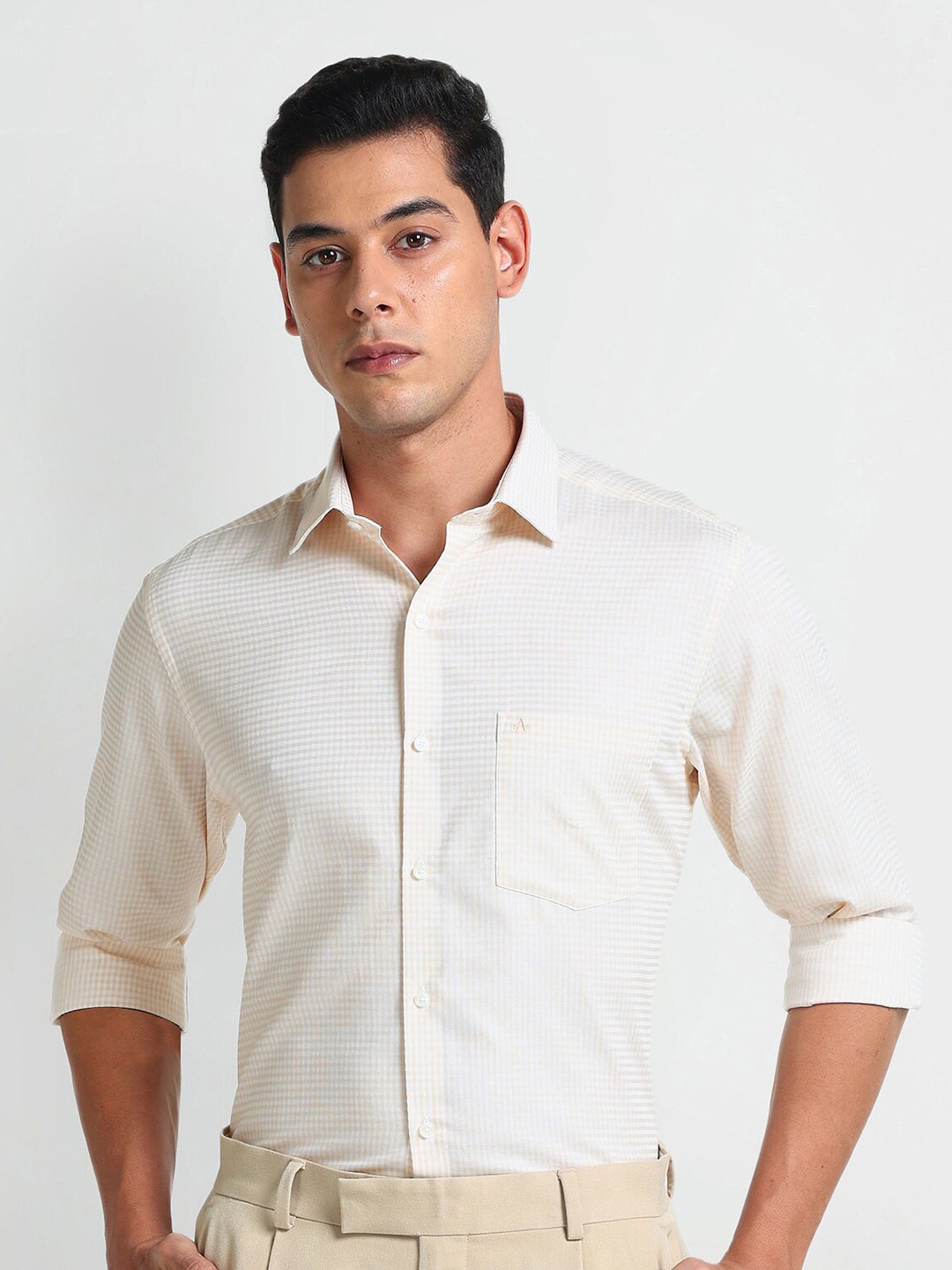 

Arrow Micro Checks Spread Collar Long Sleeves Cotton Formal Shirt, Beige
