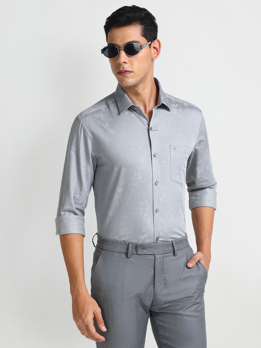 

Arrow Slim Fit Floral Printed Spread Collar Cotton Formal Shirt, Grey