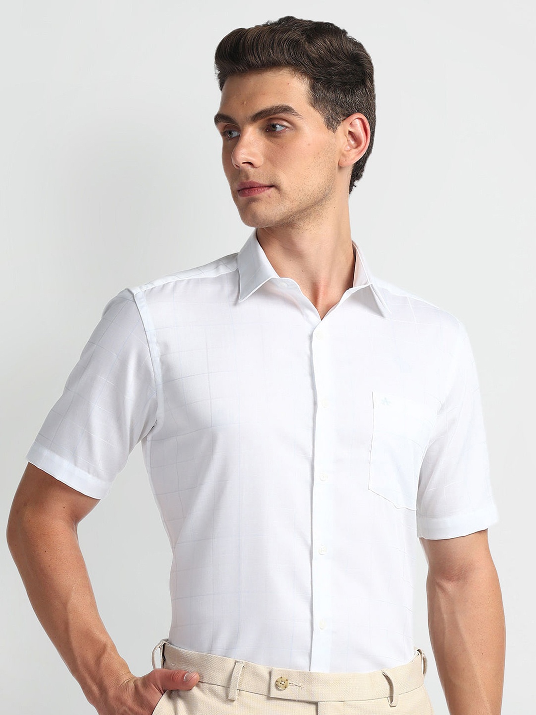 

Arrow Tattersall Checks Spread Collar Short Sleeves Cotton Formal Shirt, White