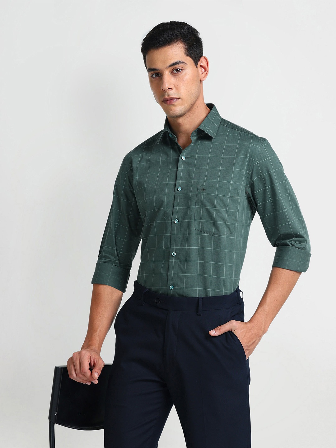 

Arrow Regular Fit Windowpane Checks Spread Collar Twill Cotton Formal Shirt, Beige