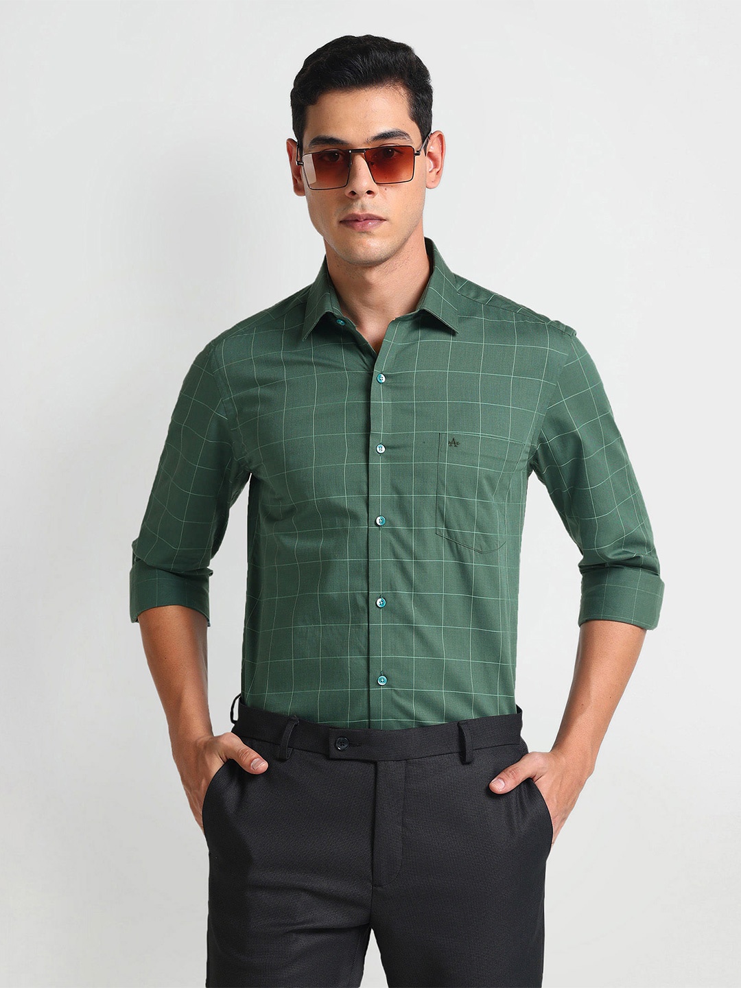 

Arrow Windowpane Checks Slim Fit Spread Collar Long Sleeves Formal Shirt, Green