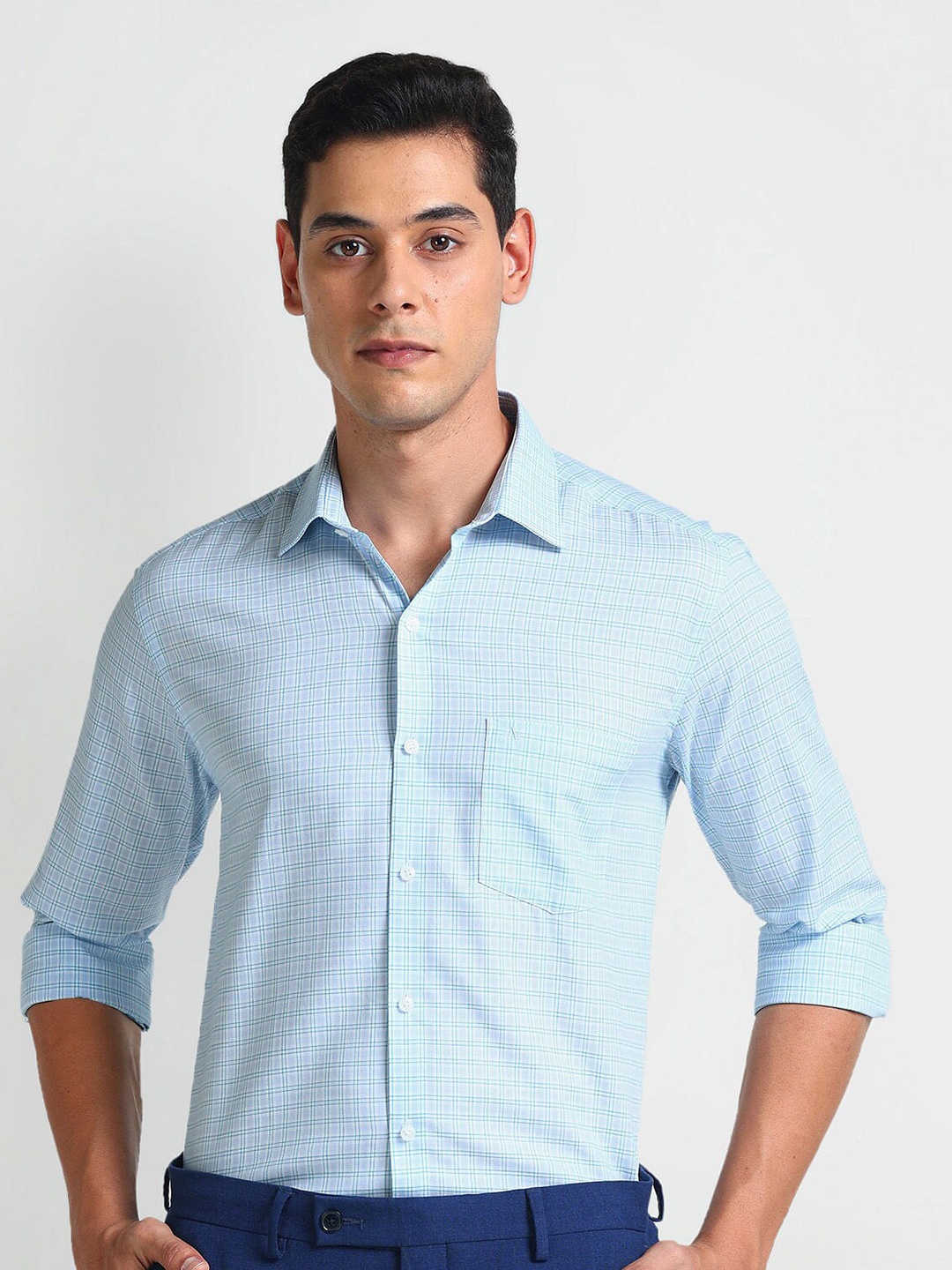 

Arrow Tartan Checks Slim Fit Spread Collar Long Sleeves Cotton Formal Shirt, Blue