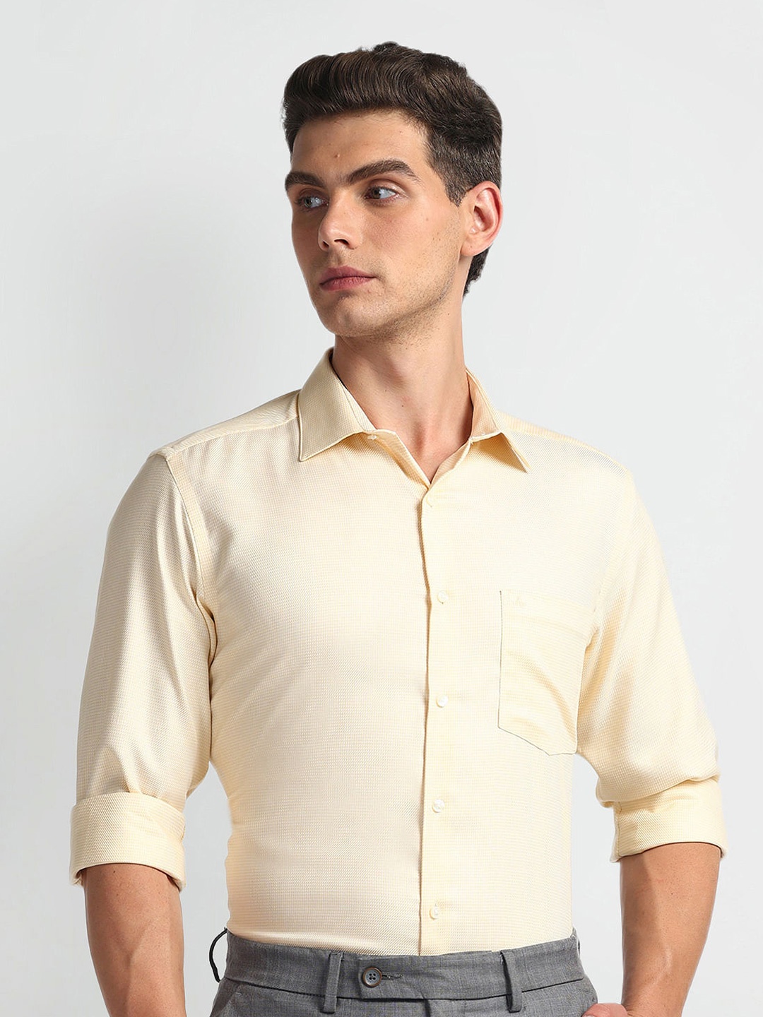 

Arrow Textured Printed Cotton Autopress Formal Shirt, Yellow